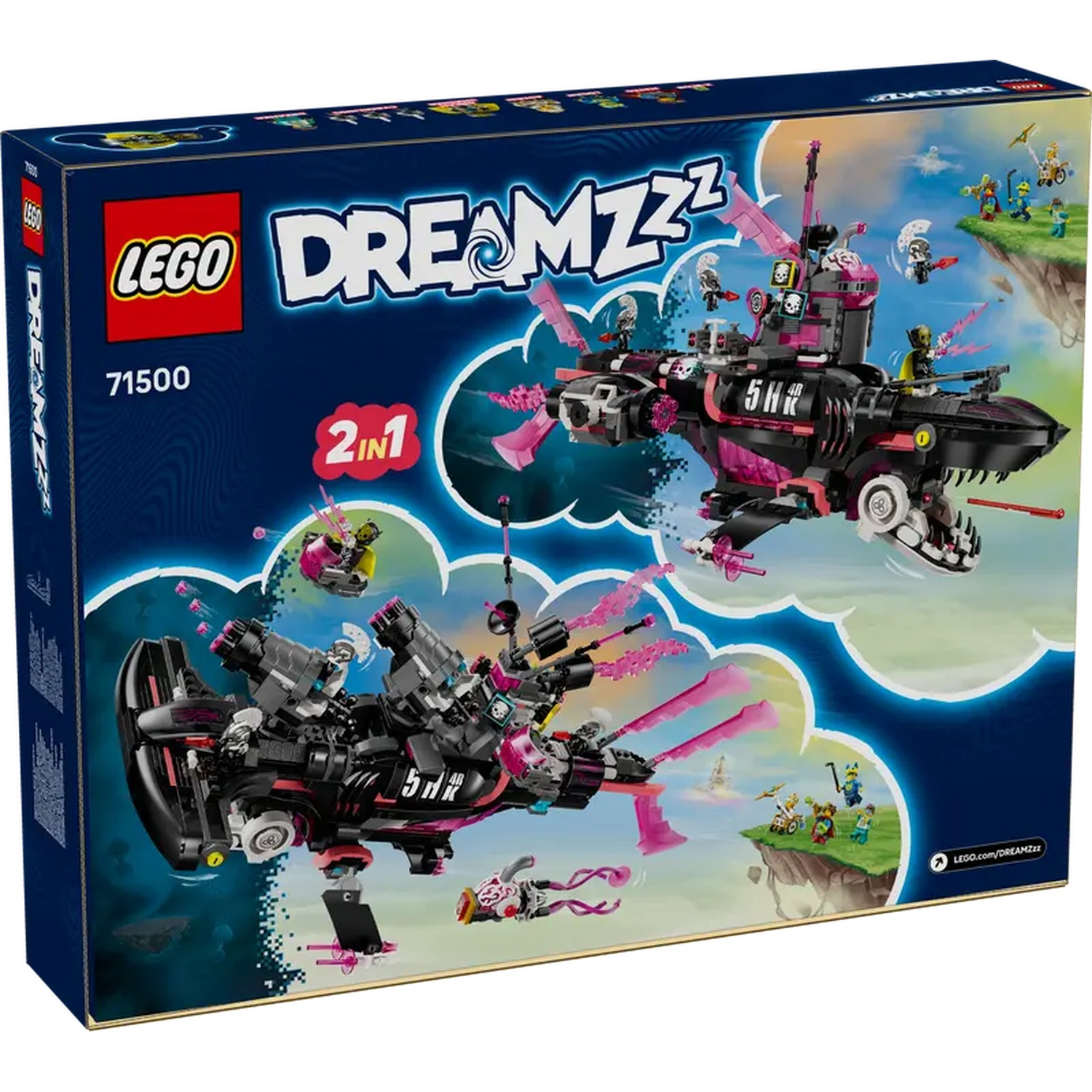 Lego Dreamzzz set doos. Zwarte en roze ruimteschipmodellen met minifiguren op een blauwe achtergrond. De doos zegt 2 in 1.