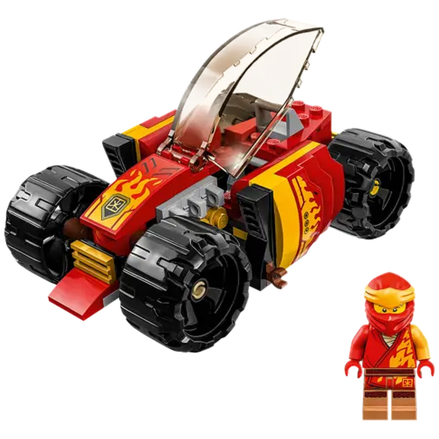 A red and yellow Lego race car with large black wheels and a minifigure in red and yellow attire.