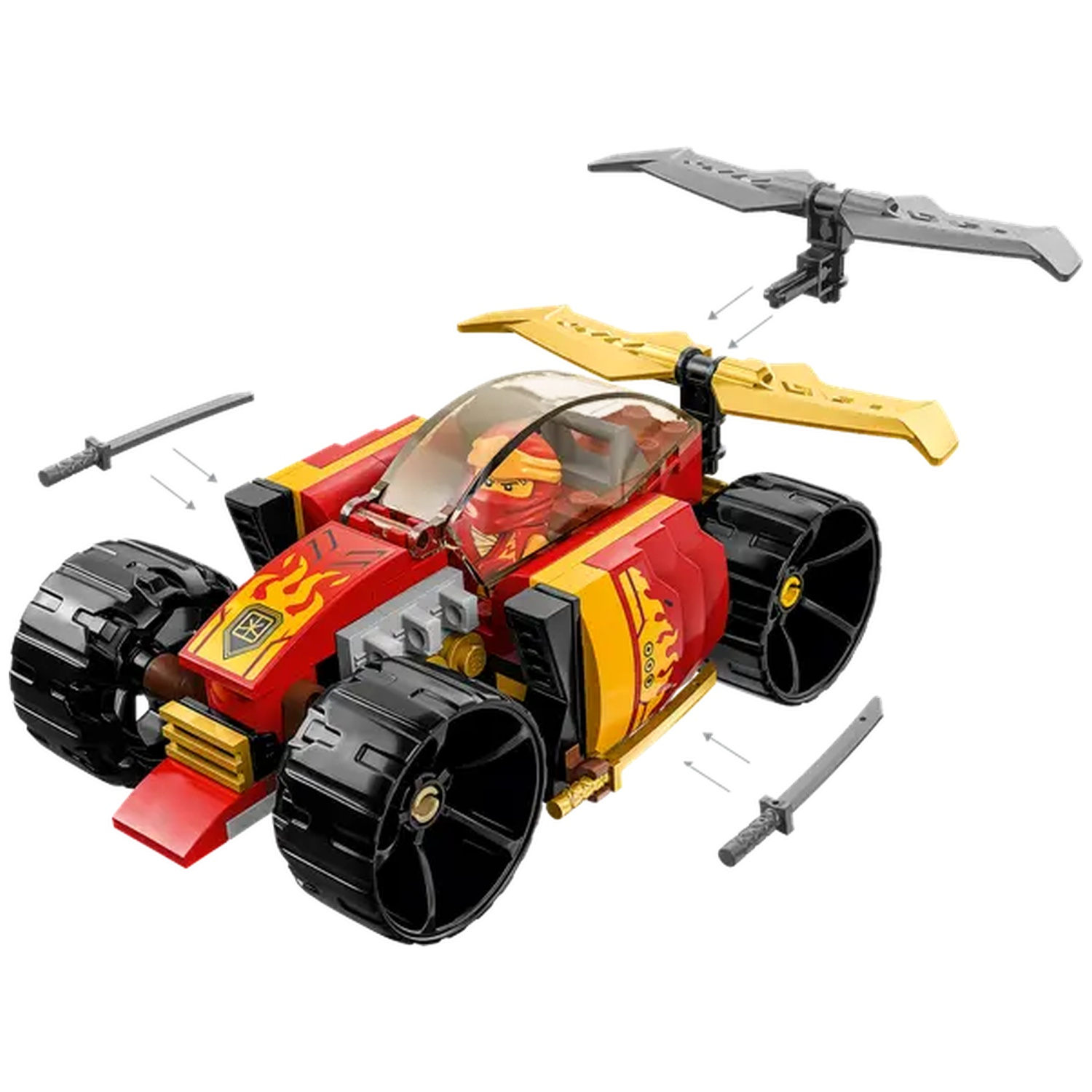 A red and yellow Lego car with large black wheels and a transparent top. Includes swords and a grey wing-like attachment.