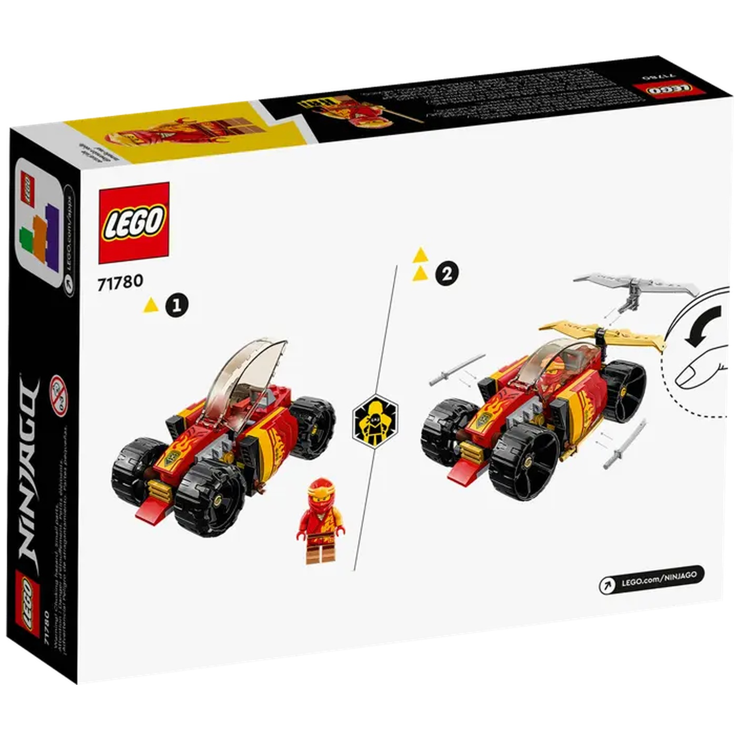 The box shows a LEGO Ninjago set, featuring a red and yellow race car, a minifigure, and the LEGO logo.