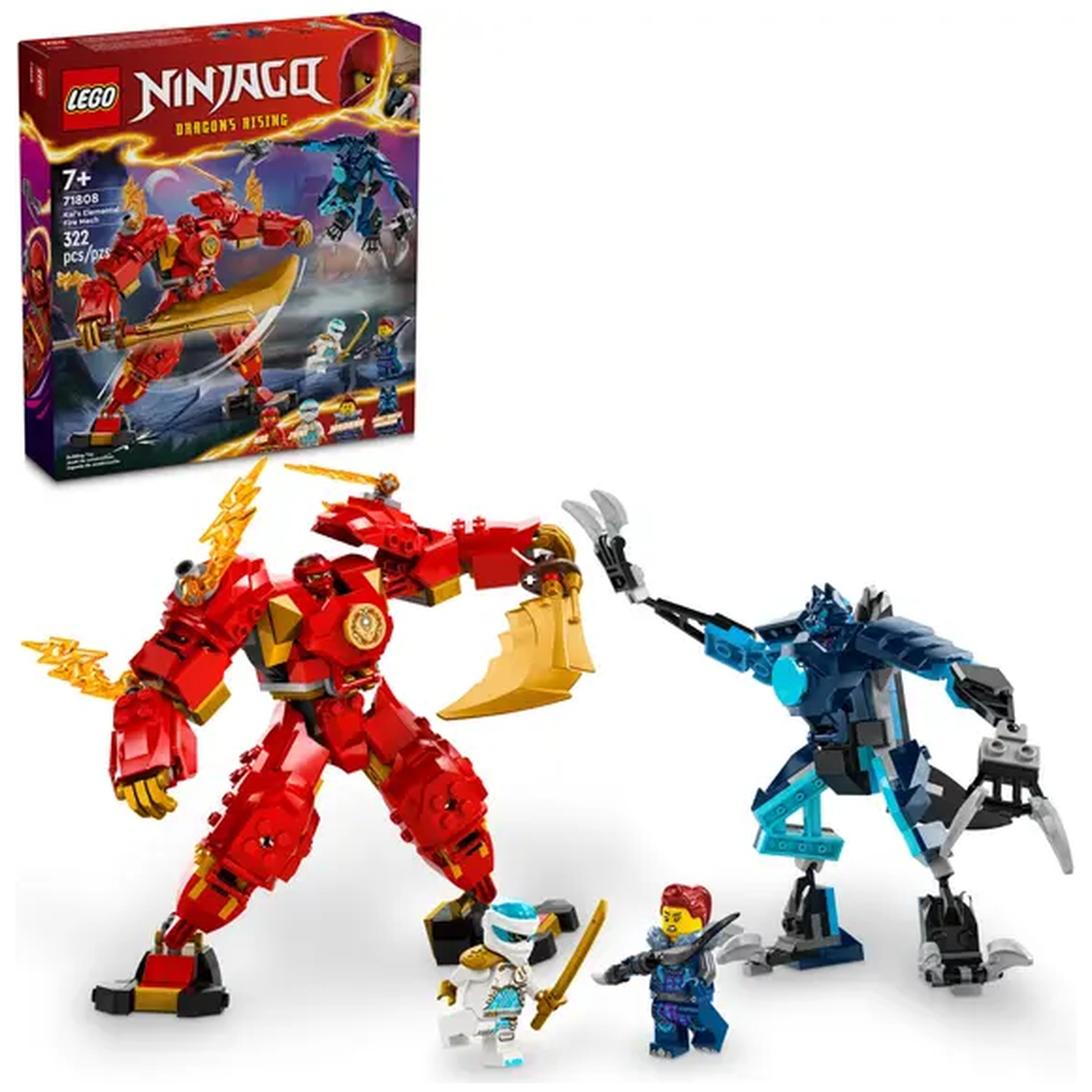 Lego Ninjago set met een rode mech, een blauwe mech en minifiguren. Doosafbeelding toont vergelijkbare karakters. Achtergrond is wit.
