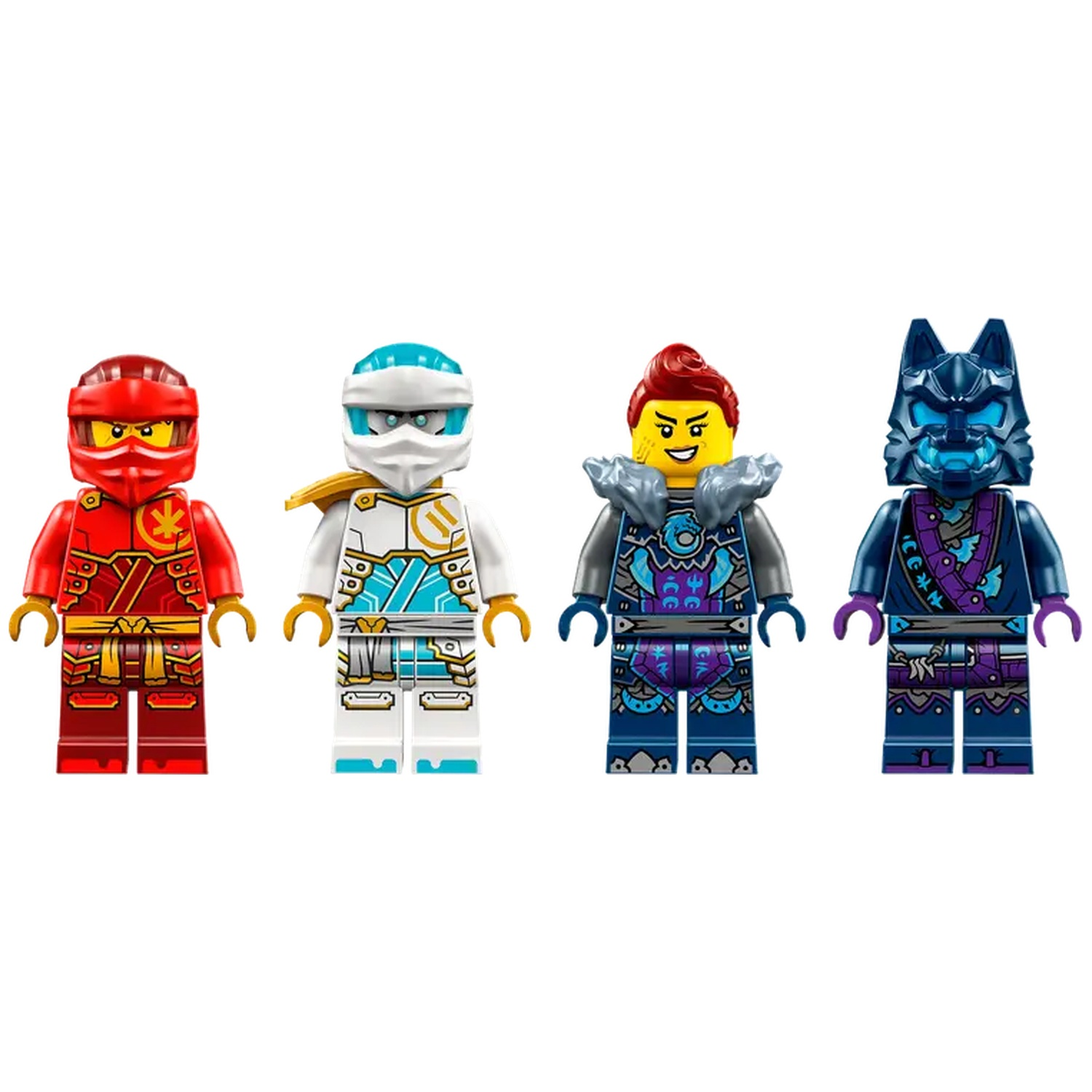 Vier Lego Ninjago-figuren staan op een rij. Ze dragen verschillende outfits met rode, witte, blauwe en paarse kleurenschema's.