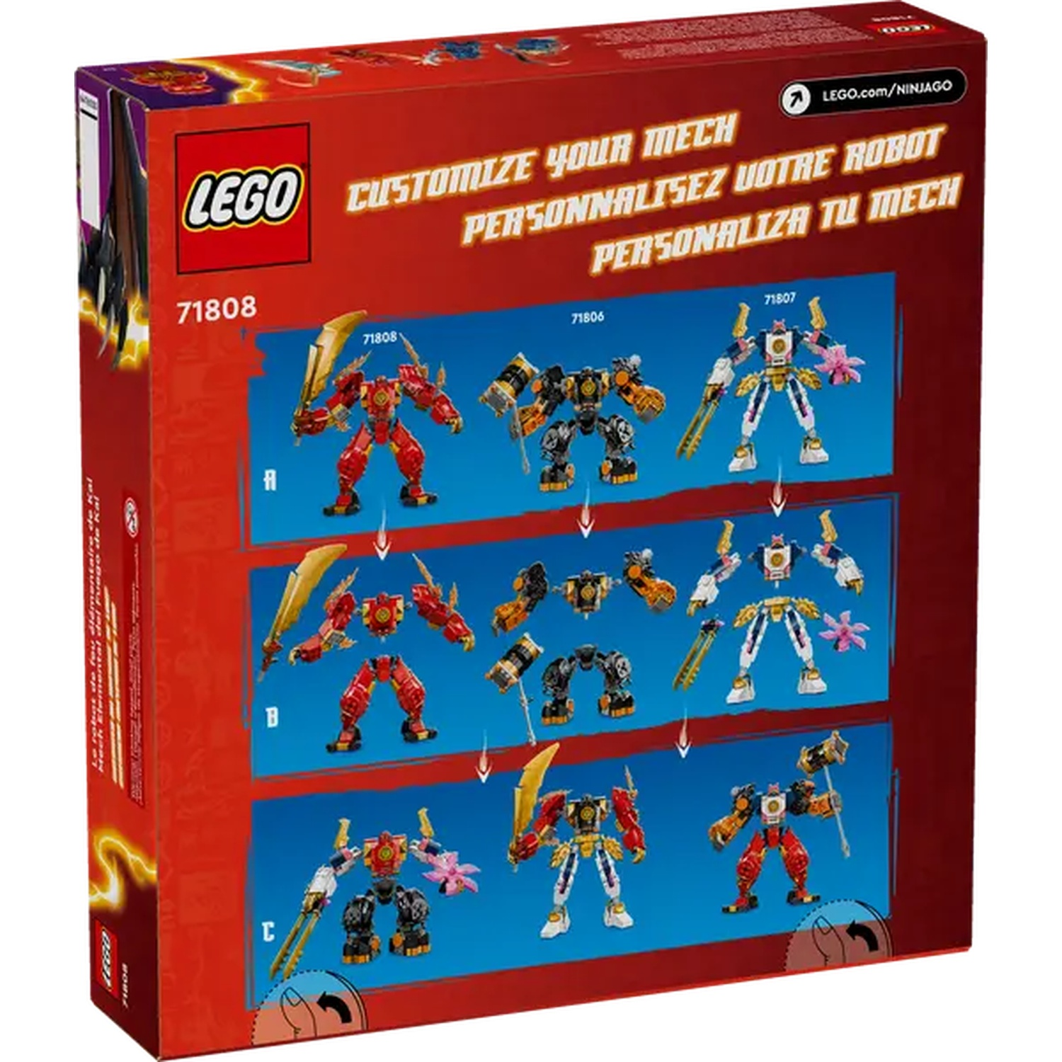 De doos toont LEGO mechs. De tekst luidt 'Customize Your Mech'. Drie mechs zijn geassembleerd en gedemonteerd getoond.