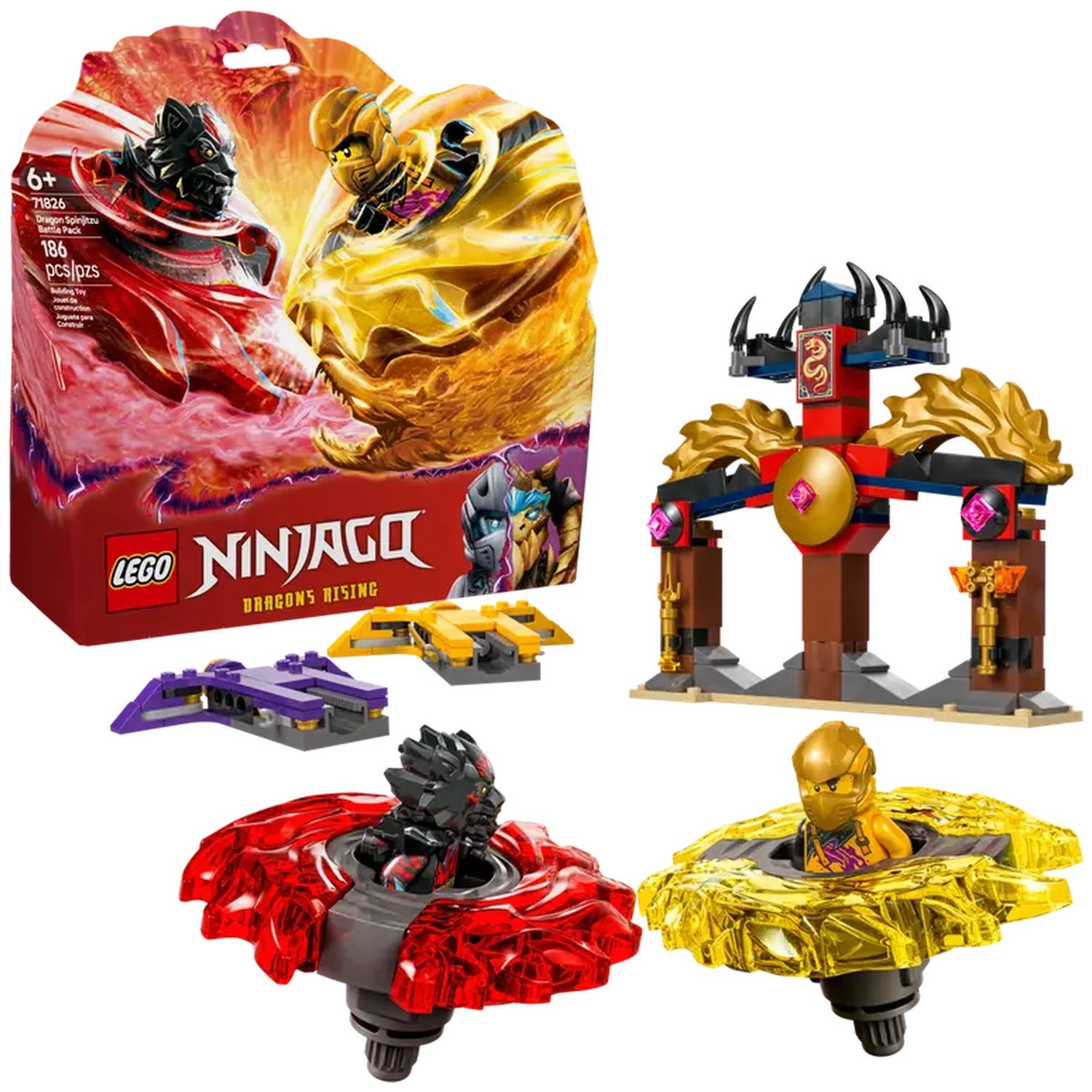 Lego Ninjago set with box art, models of spinners with figures, and a building set. The box shows two figures facing each other.