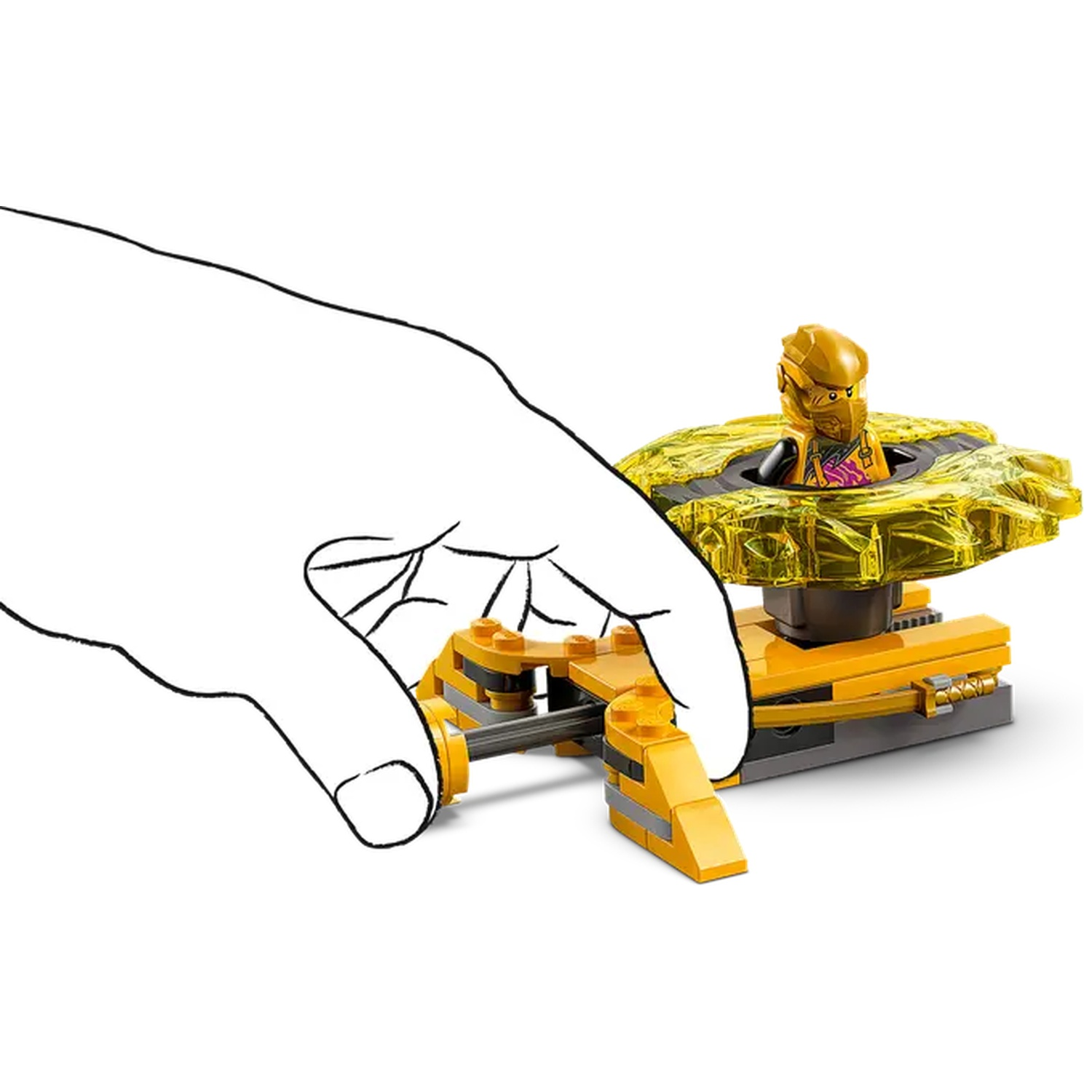 A hand touches a yellow Lego structure holding a Lego figure. The figure wears a gold helmet and is in a yellow structure.