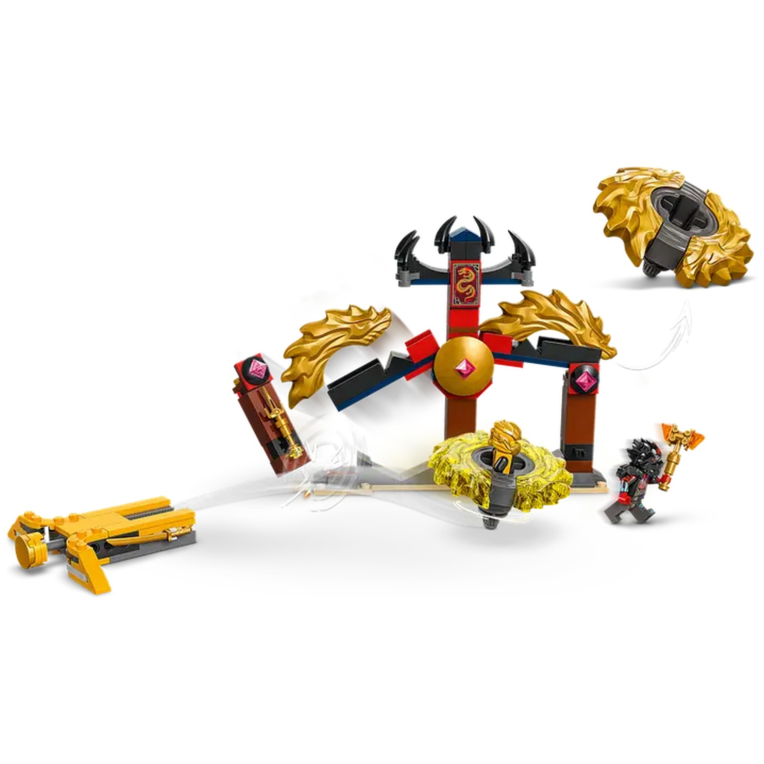 A Lego set with a yellow vehicle, a structure, and a minifigure with a golden hammer, all on a white background.