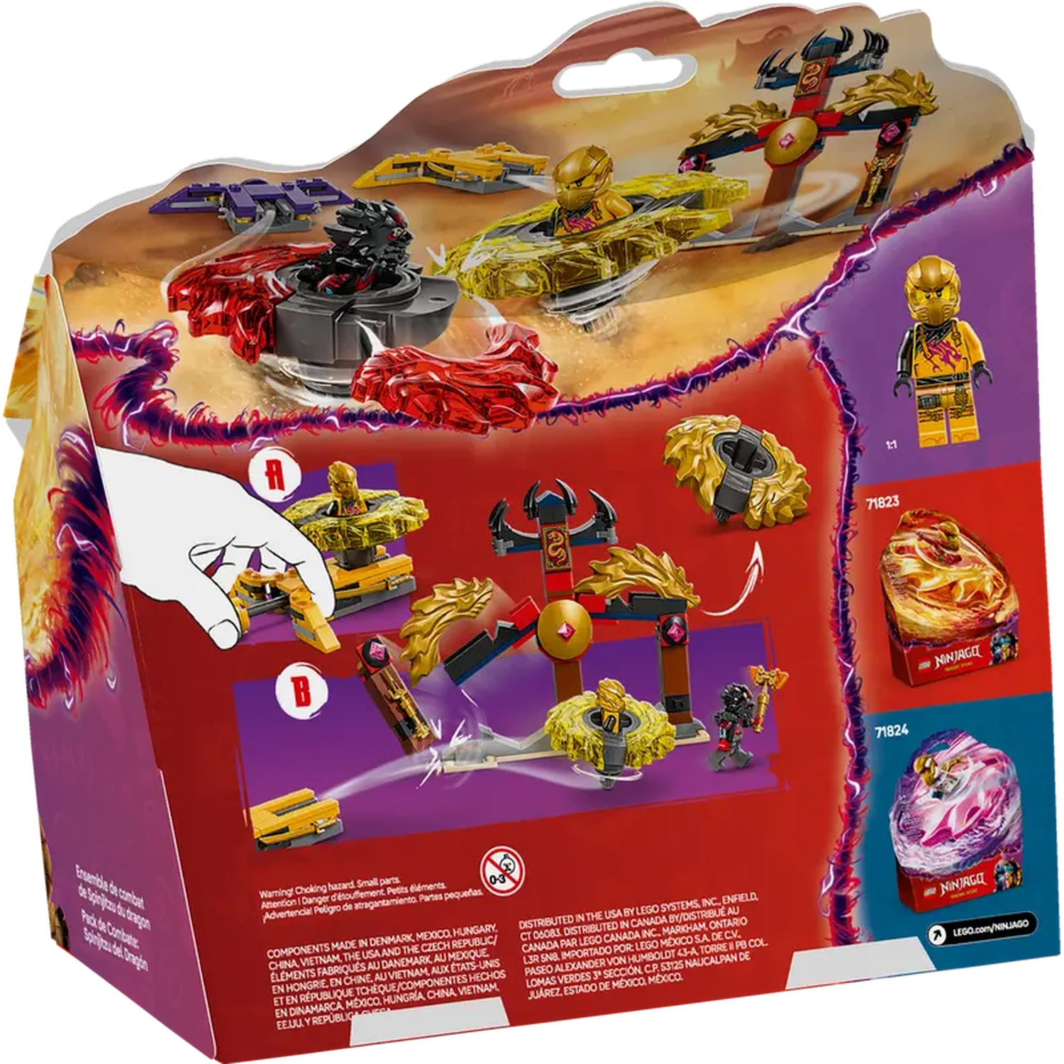 Box art shows Lego Ninjago set with figures, vehicles, and a dragon theme. Colors include gold, red, and purple.