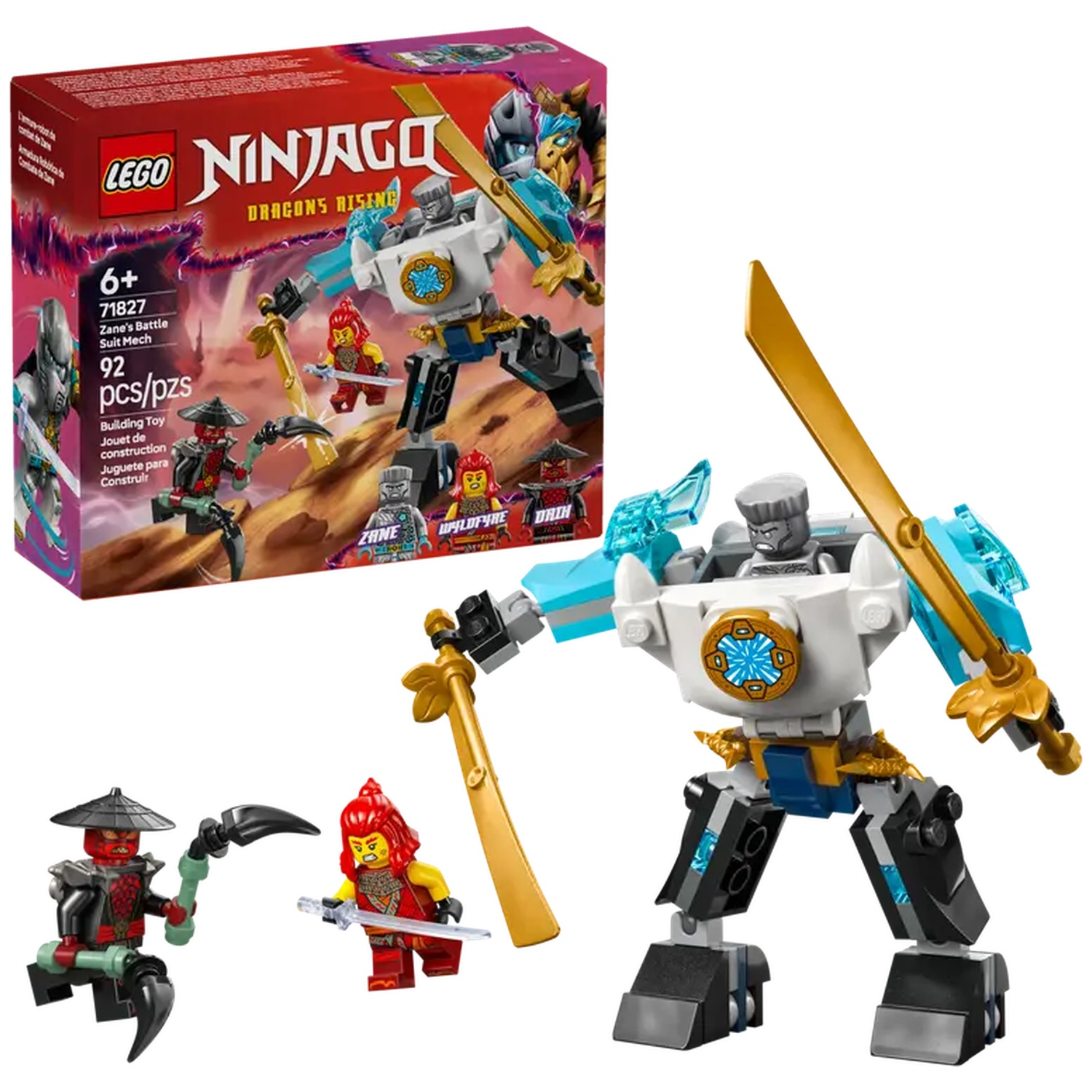 A Lego Ninjago set, Zane's Battle Suit Mech. Includes a white and black mech with gold accents, and three minifigures.