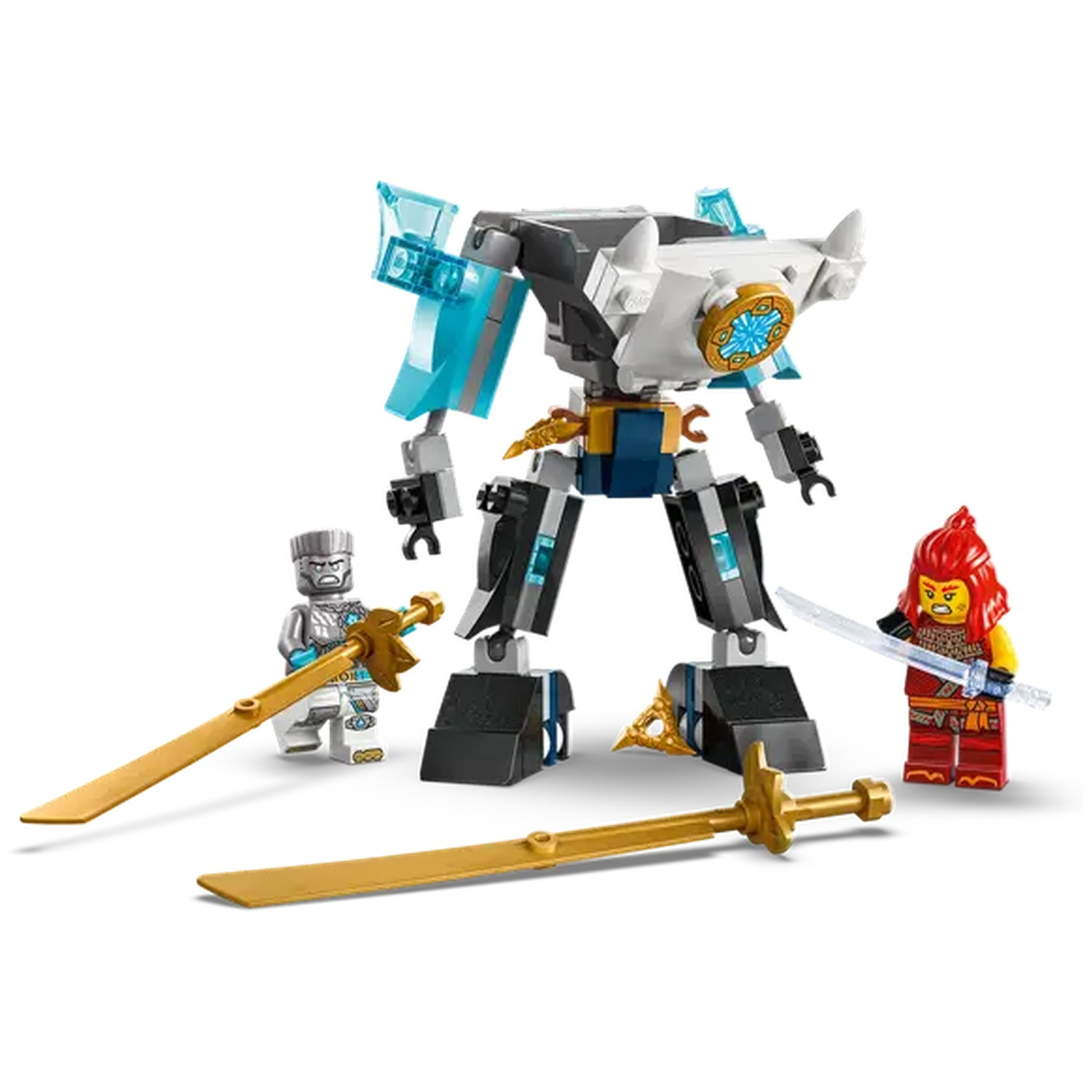 Lego set with a large mech, two minifigures, and two gold swords. The mech is gray, white, and blue. Minifigures are silver and red.