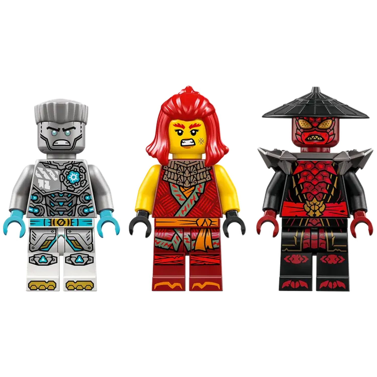 Three Lego minifigures: a silver robot, a woman in red and yellow, and a red-faced warrior with a black hat.