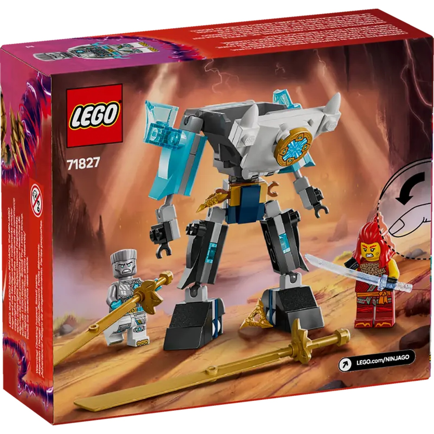 Lego box shows a mech and two figures with swords. The box has the Lego logo and the number 71827.