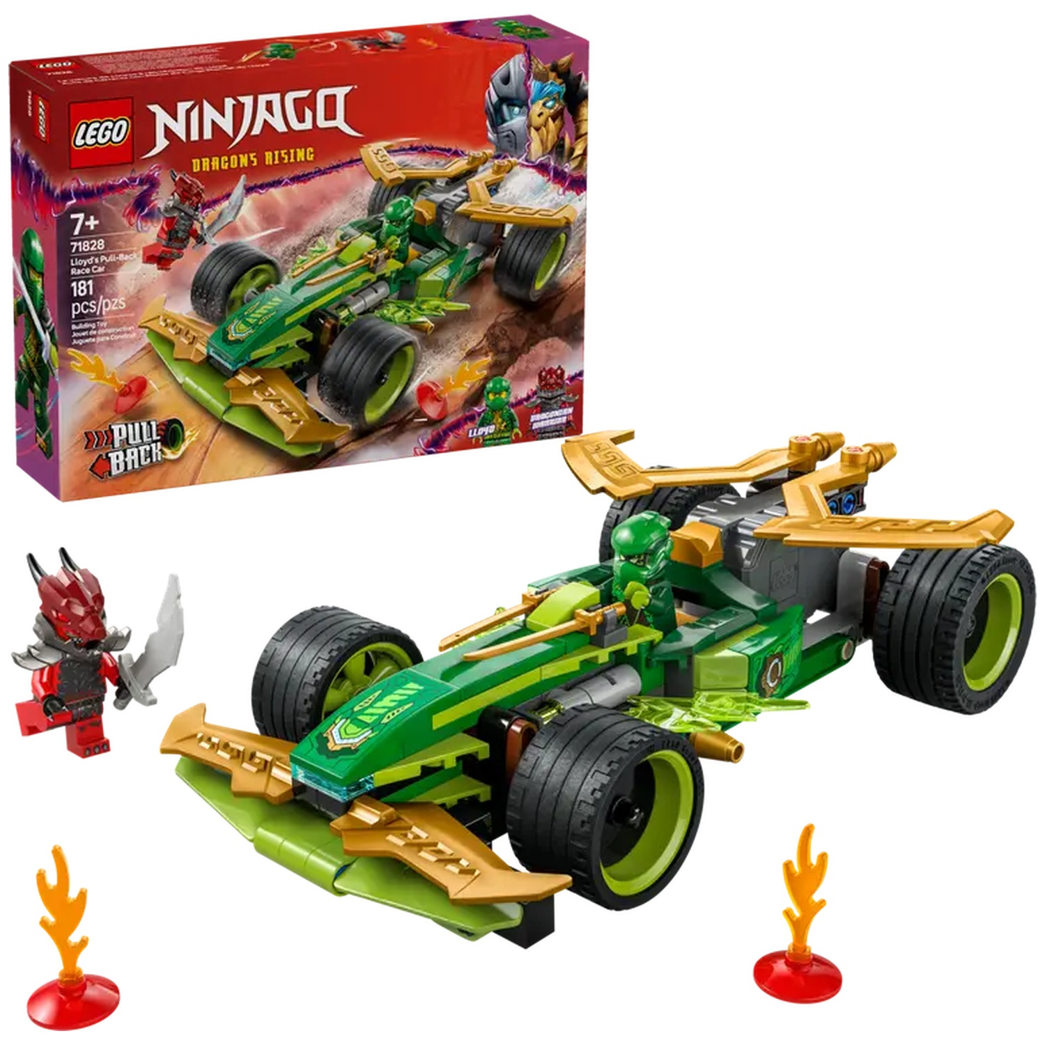 A Lego Ninjago set featuring a green and gold race car, two small figures, a box, and two small flame figures.