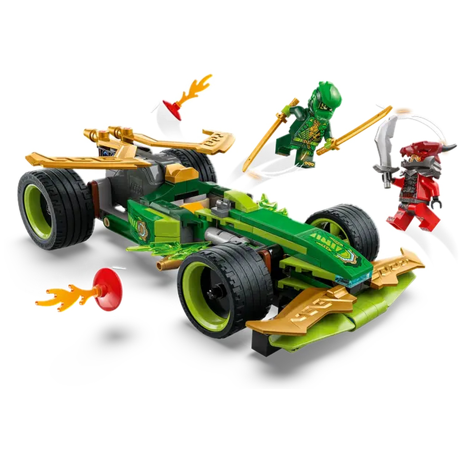 A Lego Ninjago race car with green and gold accents. Two Ninjago figures are battling with swords. Flame pieces are flying around.