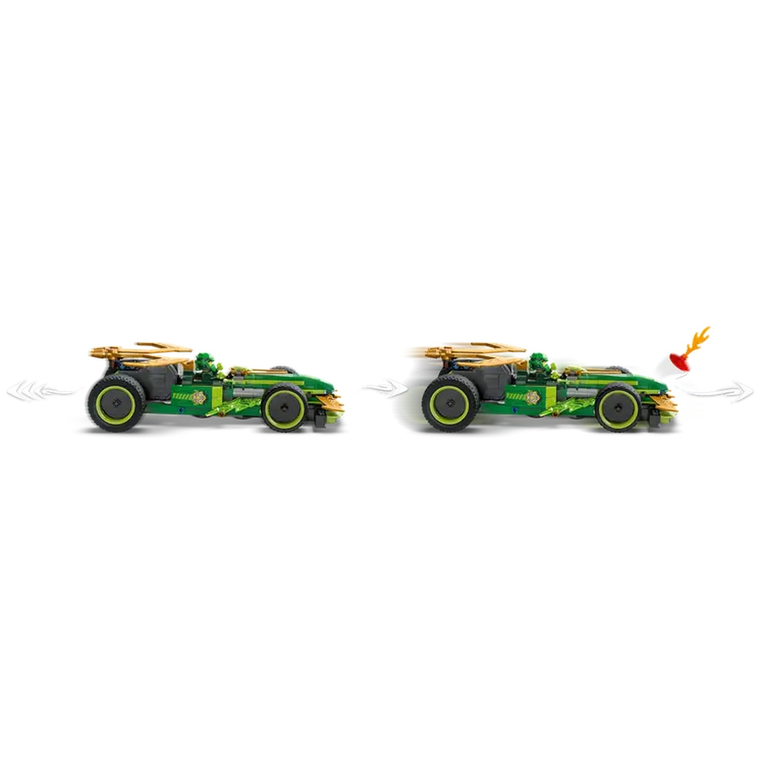 Two green toy cars with gold accents. One has a flame shooting out. White background with motion lines.