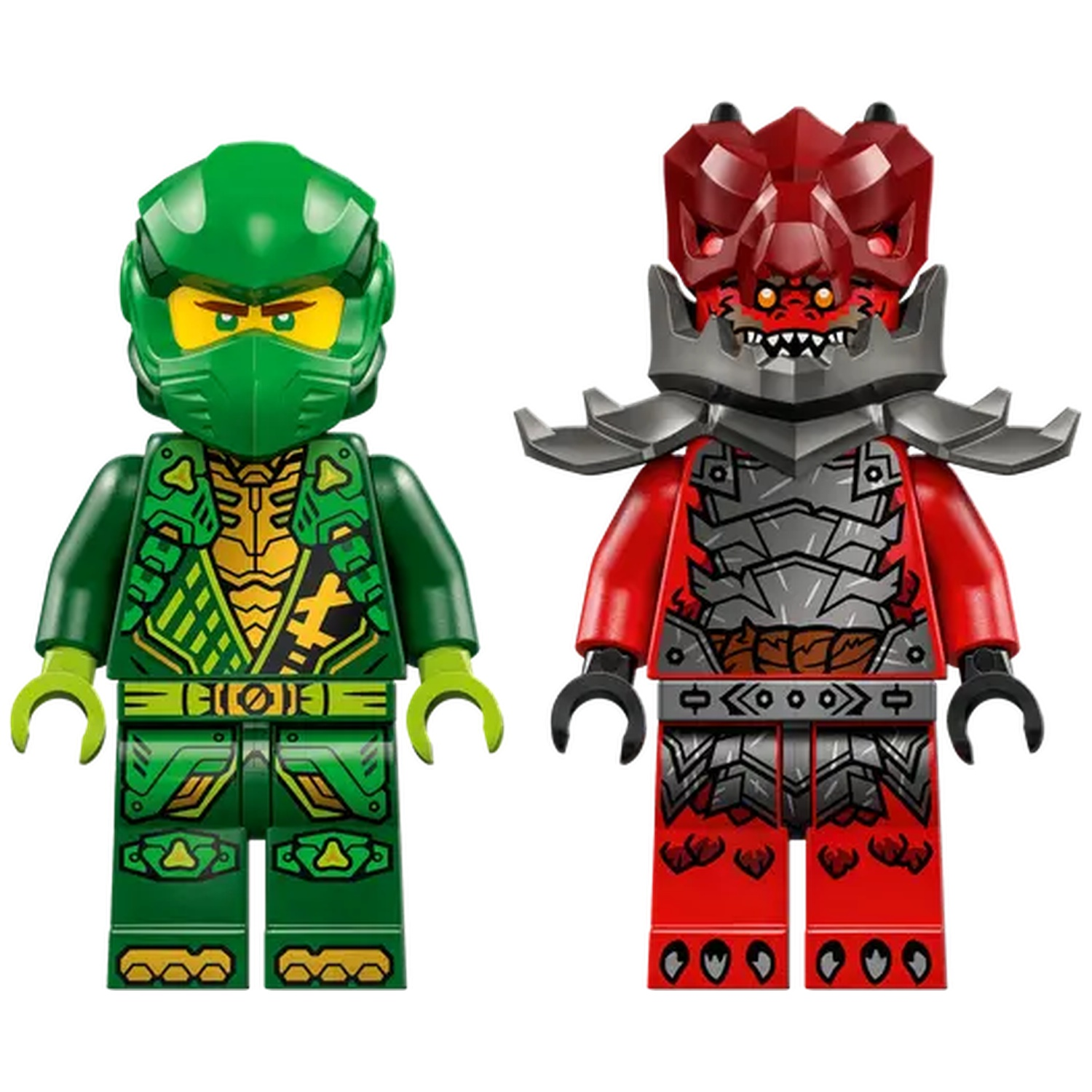 Two Lego figures: a green ninja and a red demon. The ninja has a green helmet and armor. The demon is red with metal armor.