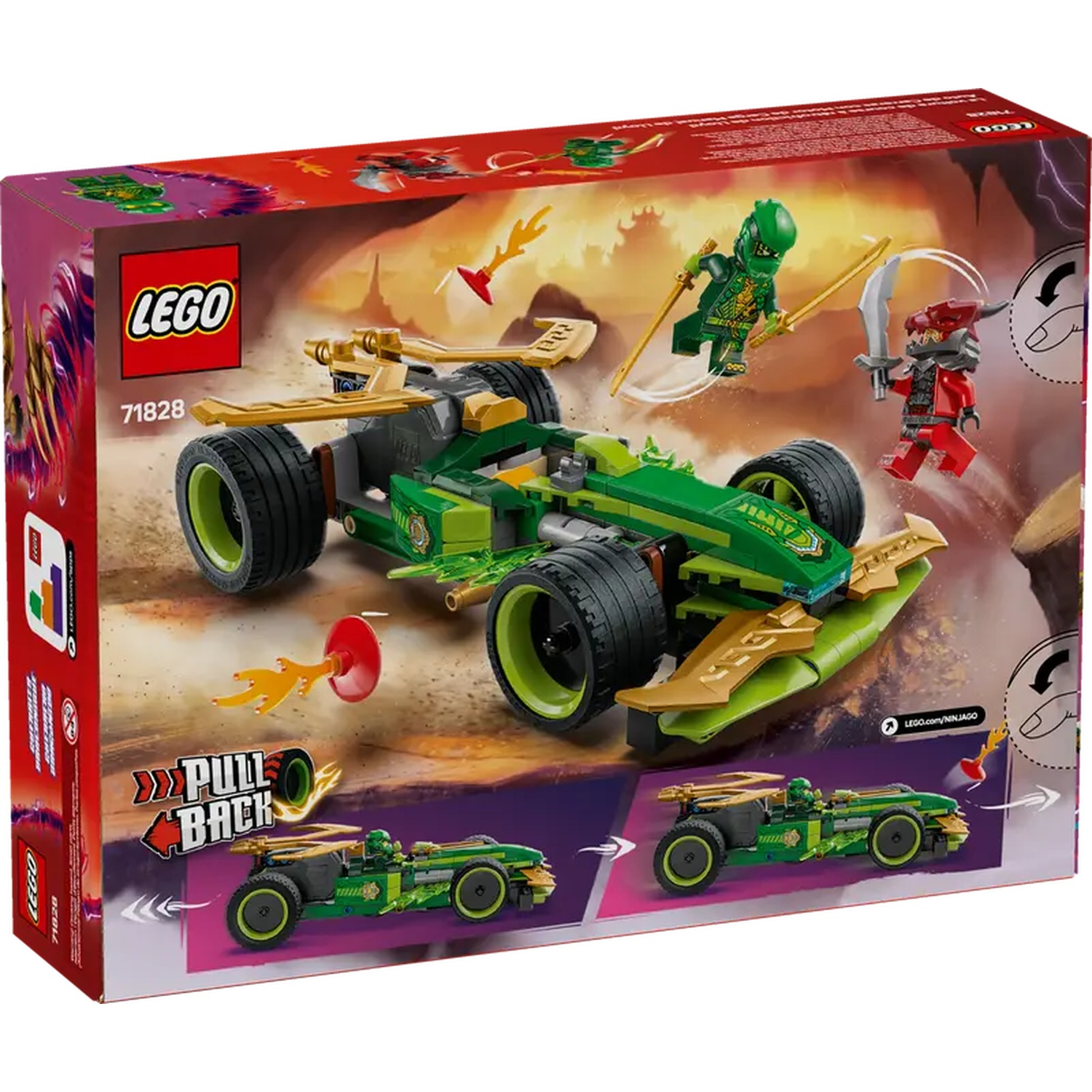 Lego box with a green and gold race car, two ninjas and the Lego logo. The box is red and shows a pull-back feature.