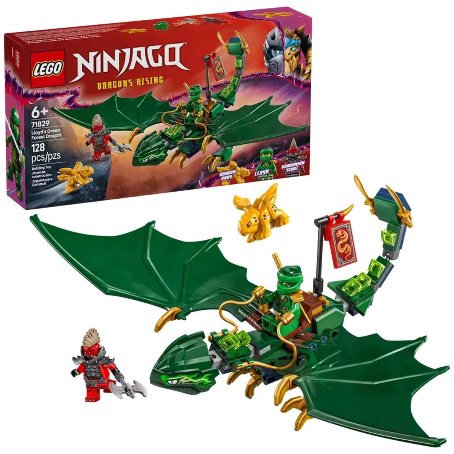 A Lego Ninjago set, featuring a green dragon with a rider, a red figure, and a golden dragon. The box is in the background.
