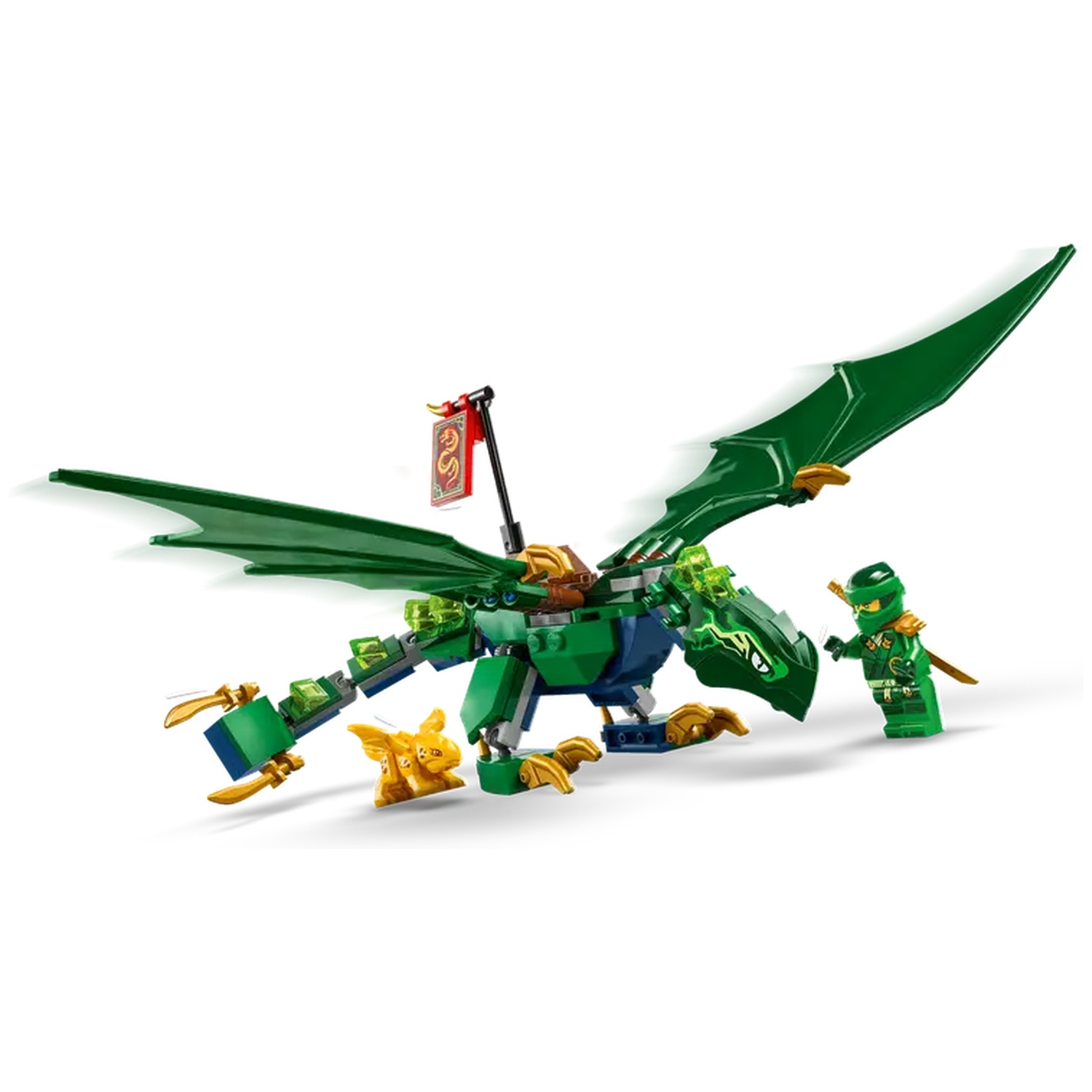 A Lego dragon toy with green wings and a small figure of a ninja. The dragon is green and has gold accents. The ninja is green.