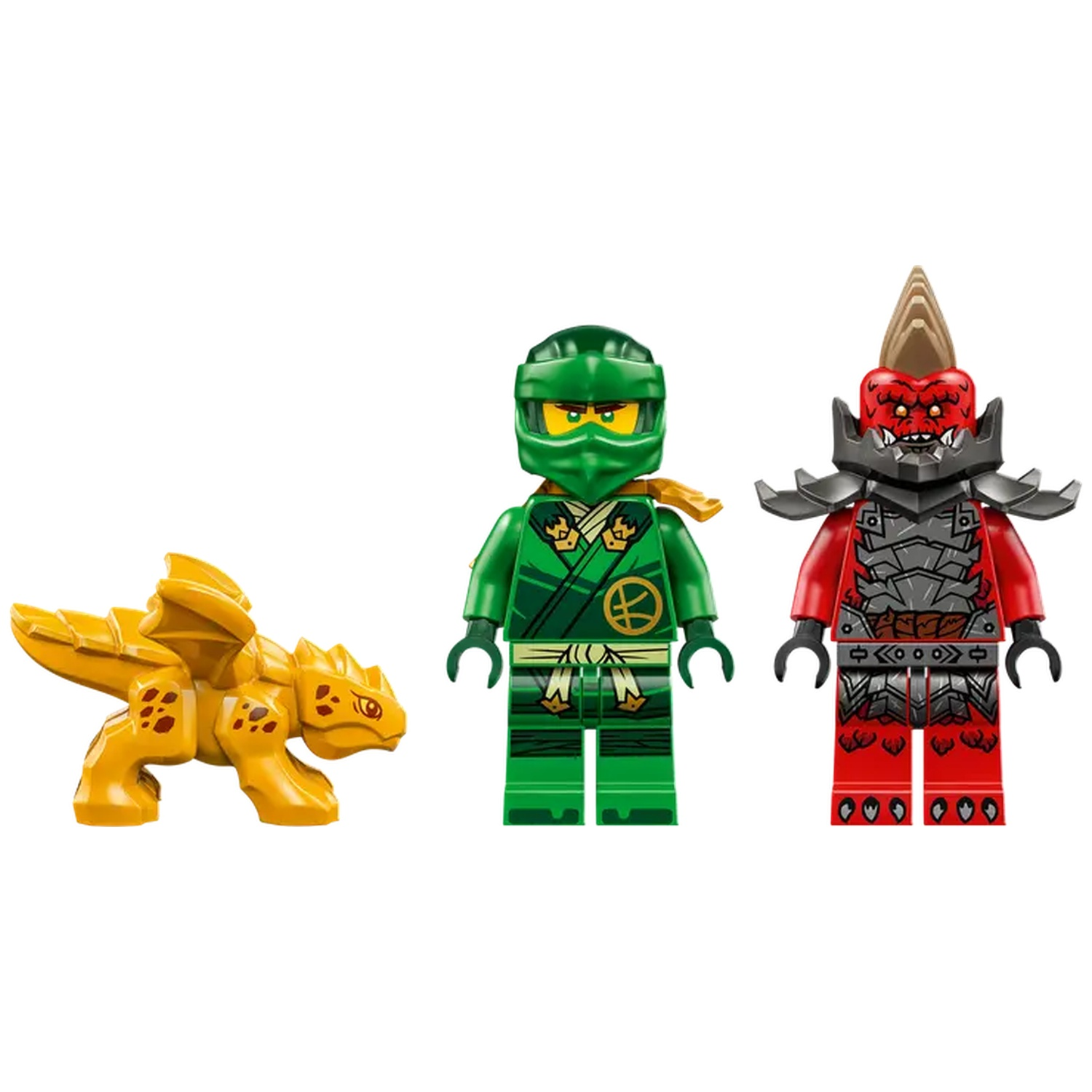 Image features three Lego figures: a green ninja, a red demon, and a yellow dragon. All are on a white background.