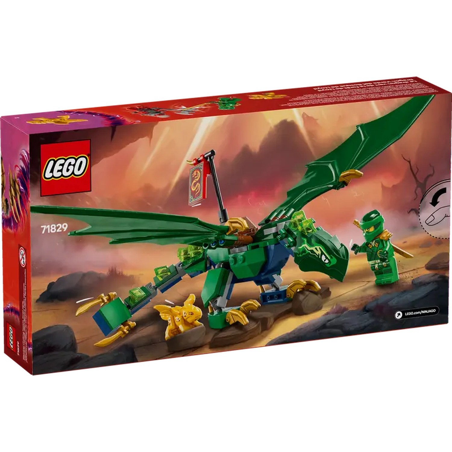 Lego Ninjago box shows a green dragon and ninja. Dragon has wings, ninja holds a sword. Background is a fantasy landscape.