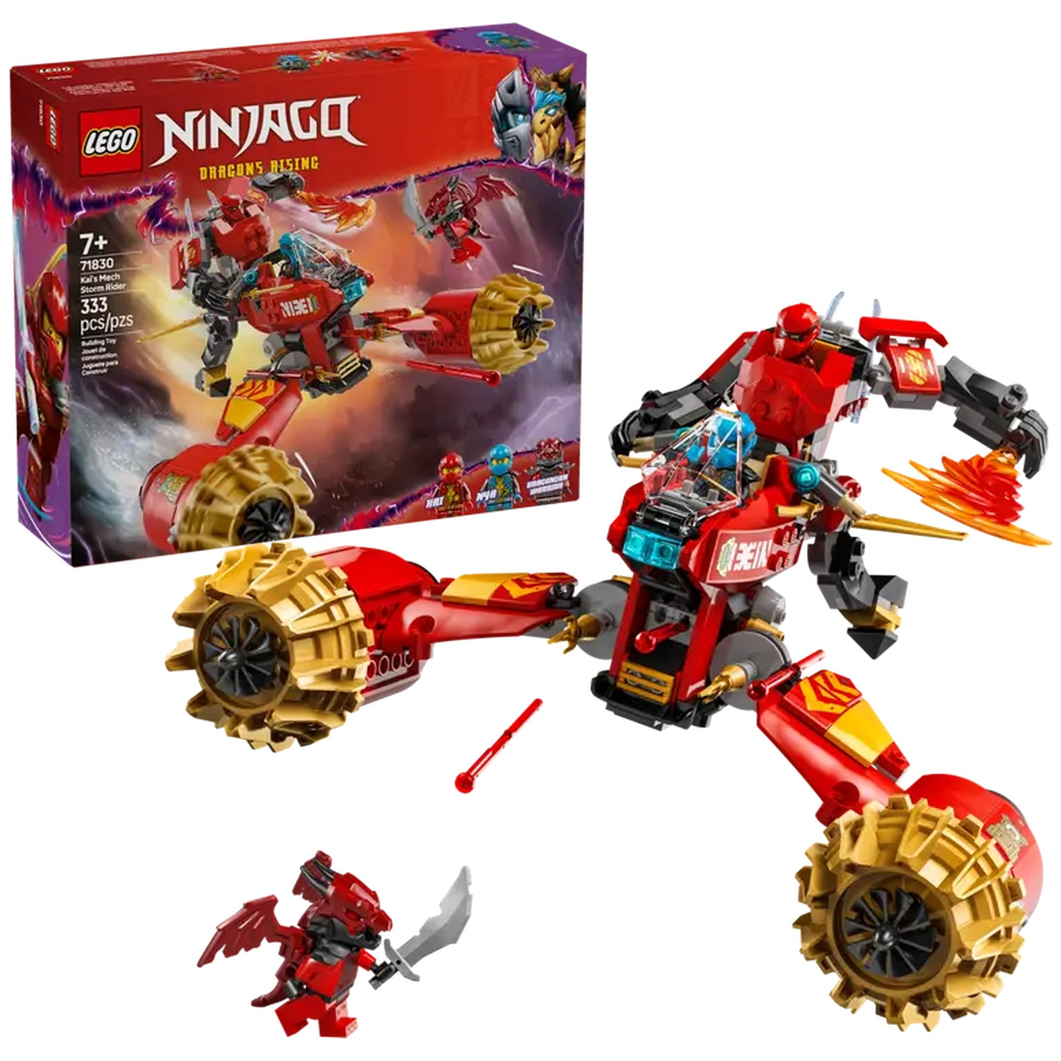 A Lego Ninjago set, Kai's Mech Storm Rider, with a red mech, a small figure, and a box. The mech has golden wheels and fire effects.