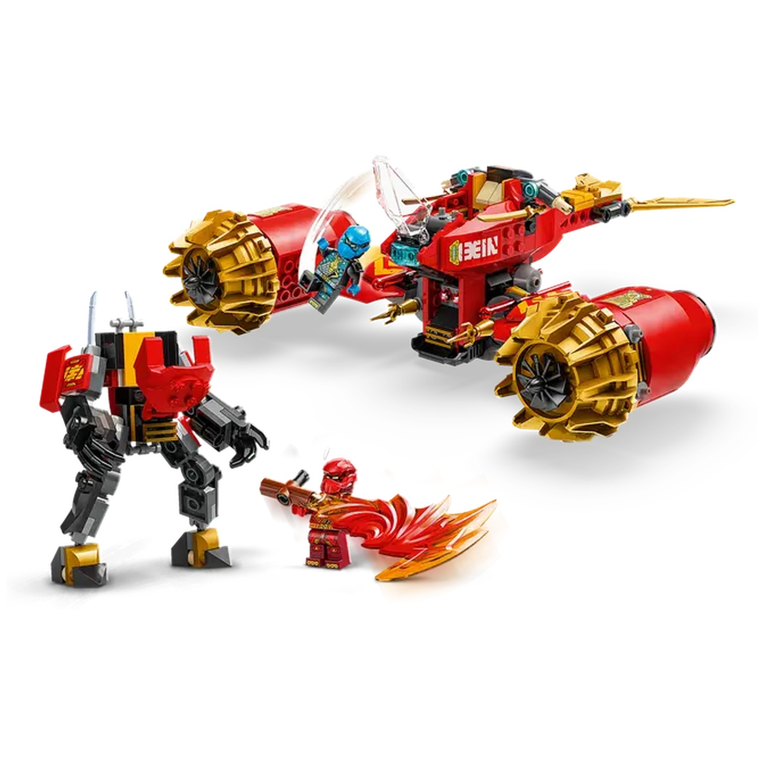 Lego set with red and gold jet and mech. Includes mini-figures: ninja and a warrior. All on white background.