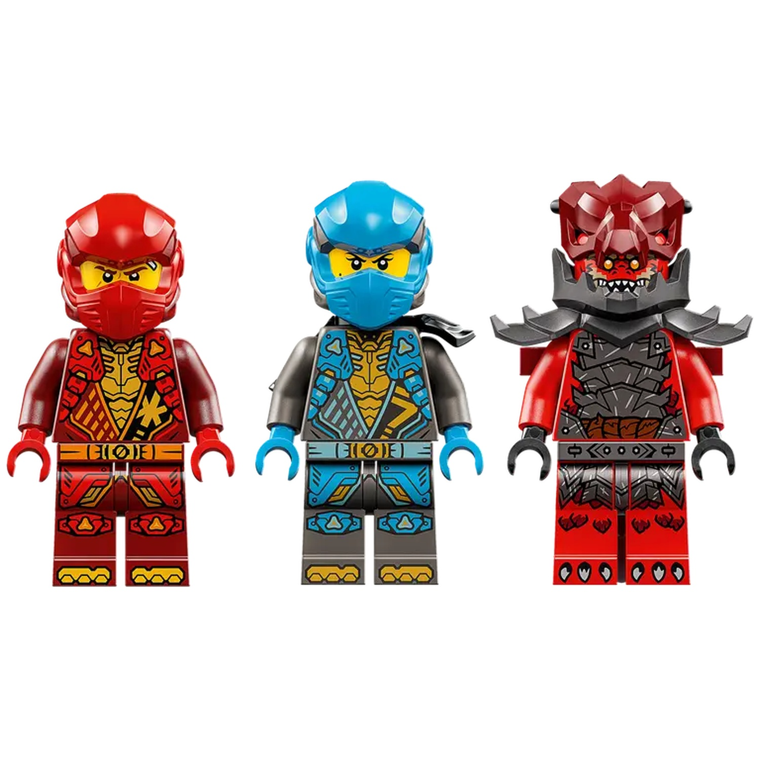 Three Lego figures: red ninja, blue ninja, and a red demon with helmets, armor, and weapons. Each has different colored accessories.