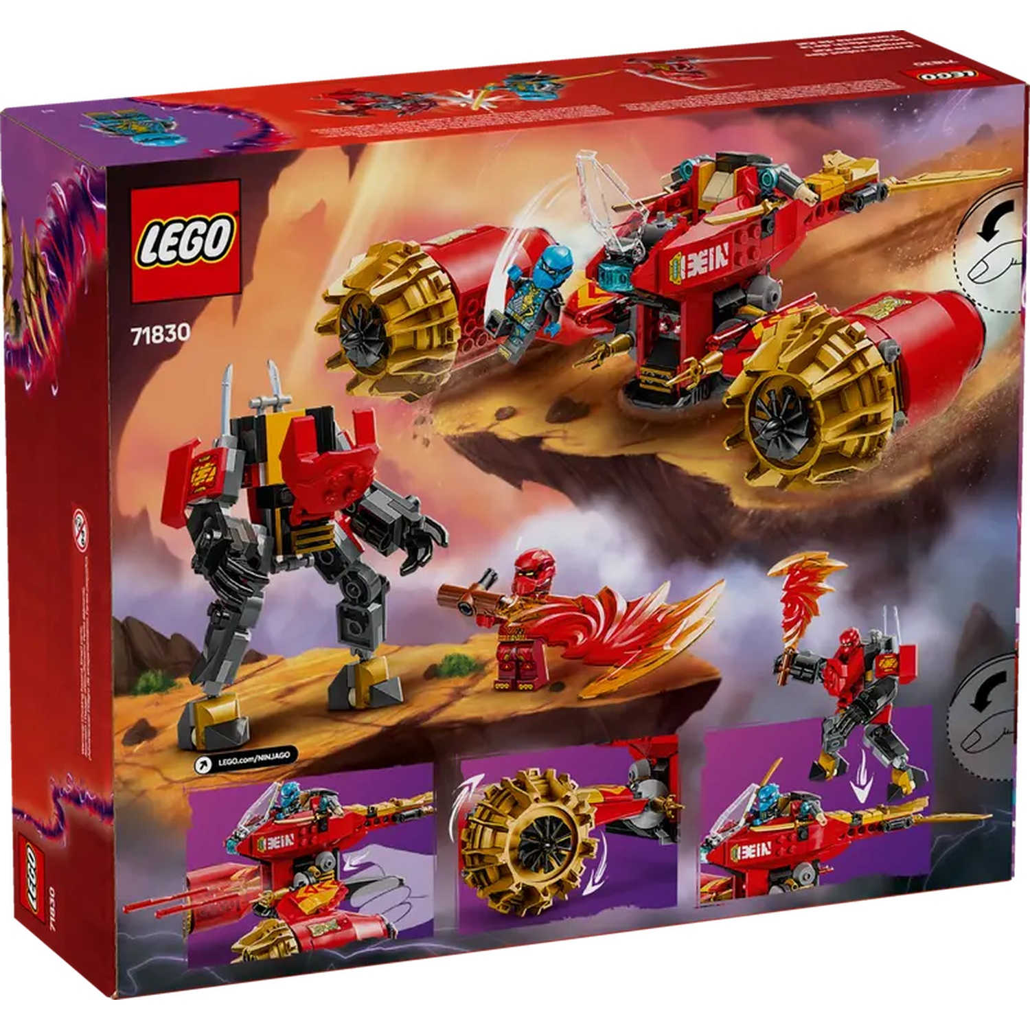 Lego box with ninjas and vehicles. Red and gold accents, action poses, and dynamic layouts. Includes a mech and several flying vehicles.