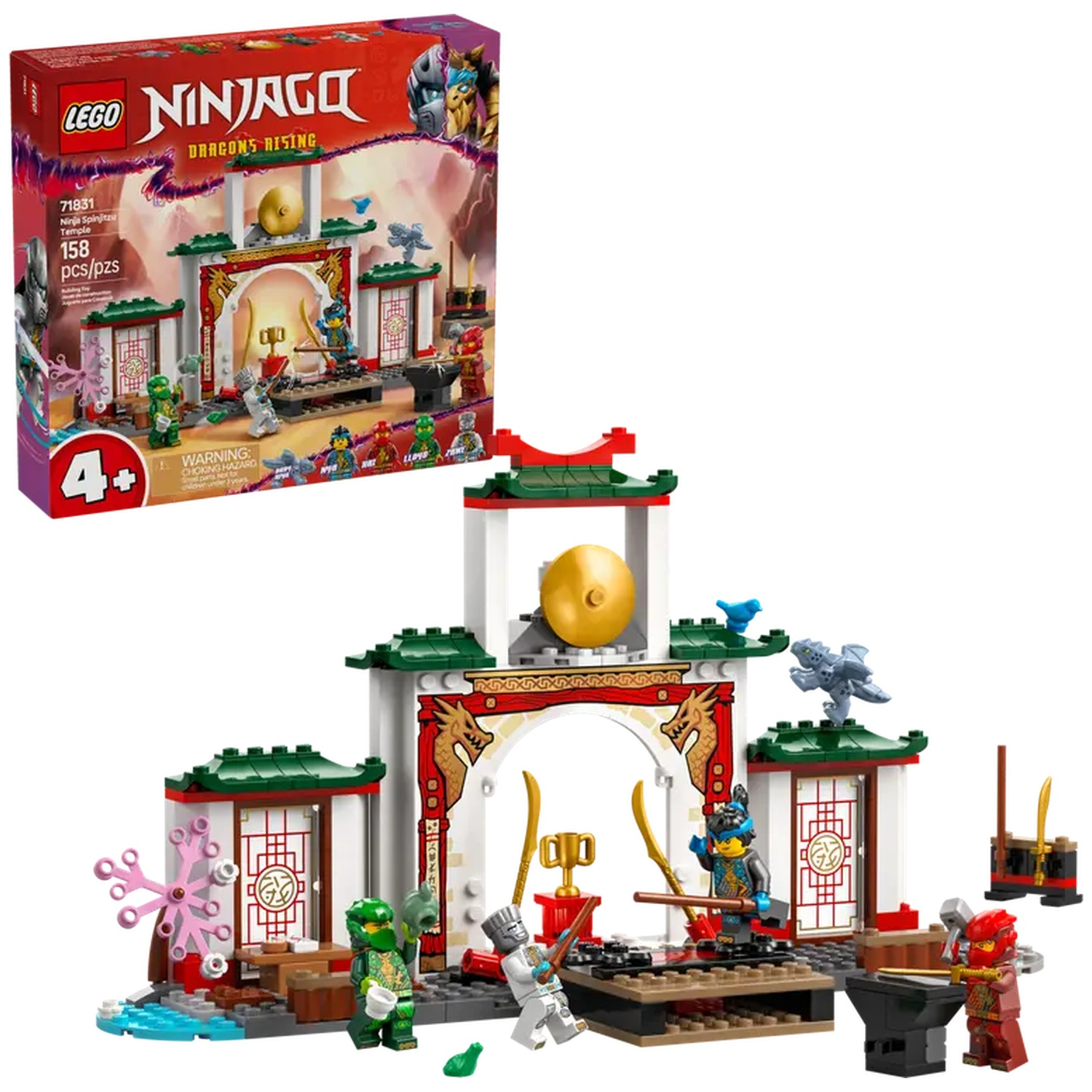 LEGO Ninjago set. Temple with figures, dragons, and accessories. Box shows the set. Figures are in action.
