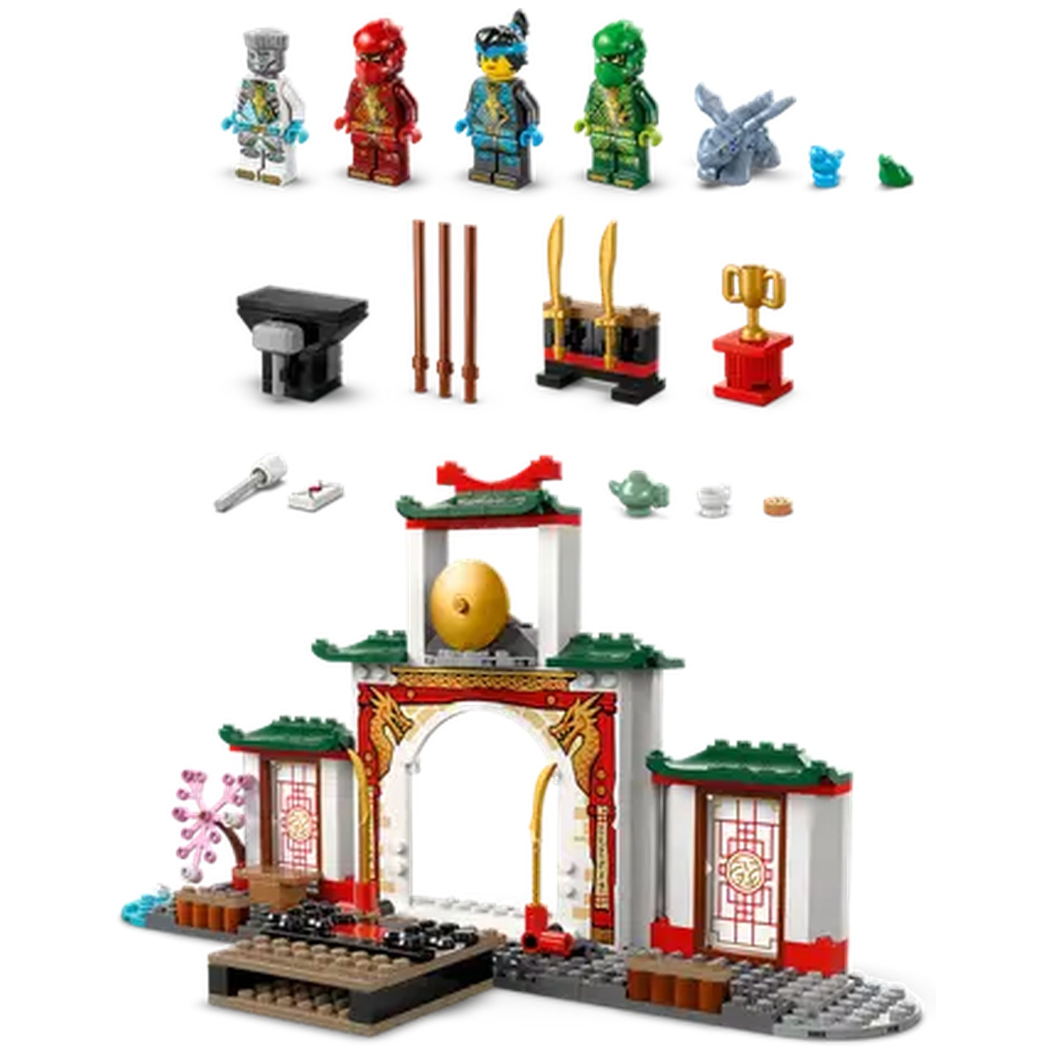 Lego set with ninja figures and a temple. Includes a gold trophy, swords, anvil, and small animal figures. 