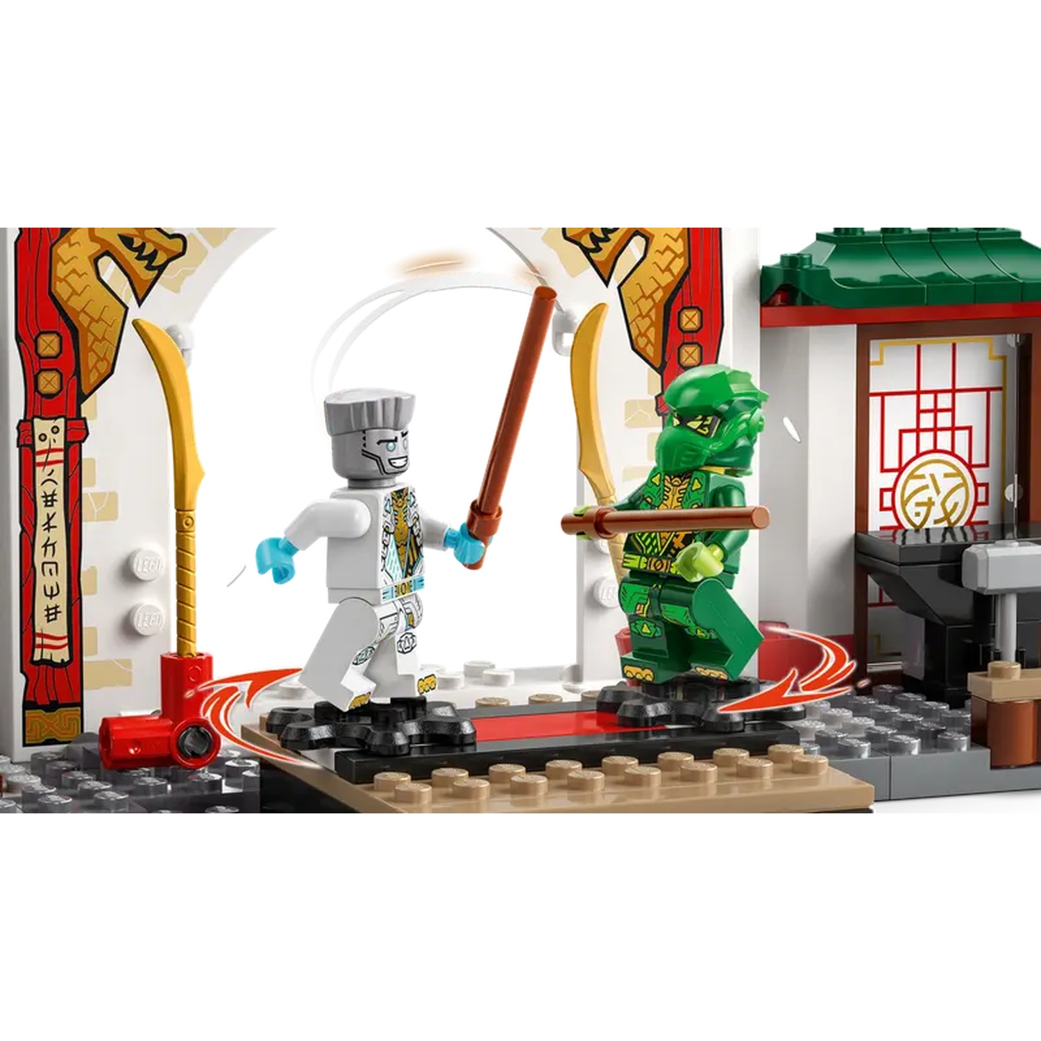 Two Lego Ninjago figures are battling. One is white and silver, the other green. They are fighting in a detailed temple scene.