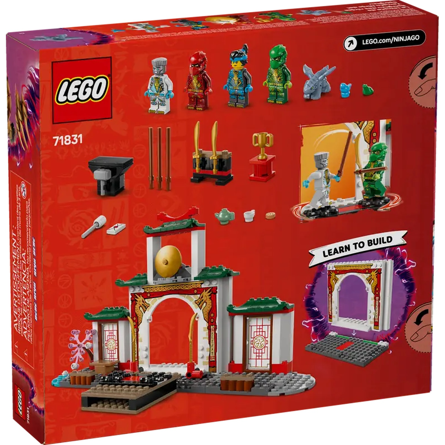 Lego box with ninjas. It shows the Lego set with ninja figures and a temple build on a red background.
