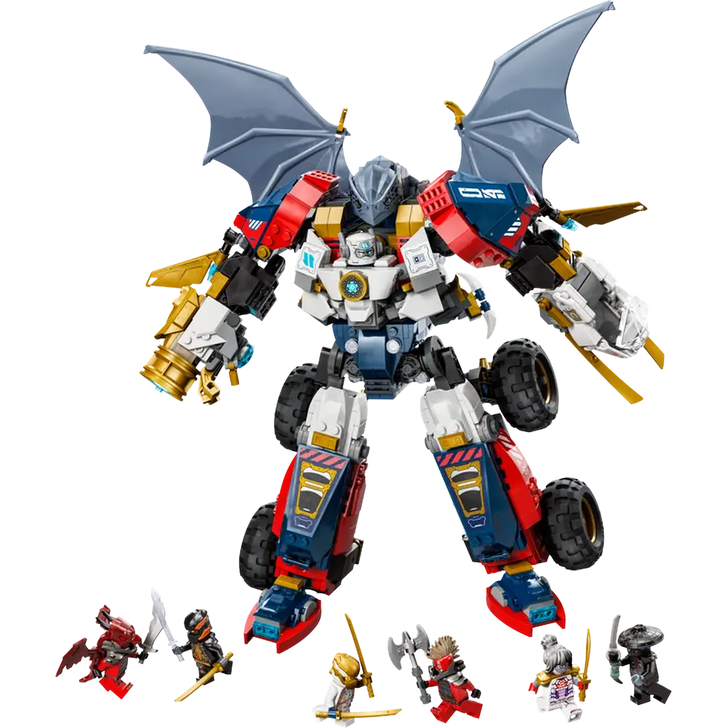 Een Lego-robot met vleugels staat boven verschillende kleine Lego-figuren met wapens. De robot heeft rode, witte, blauwe en gouden onderdelen.