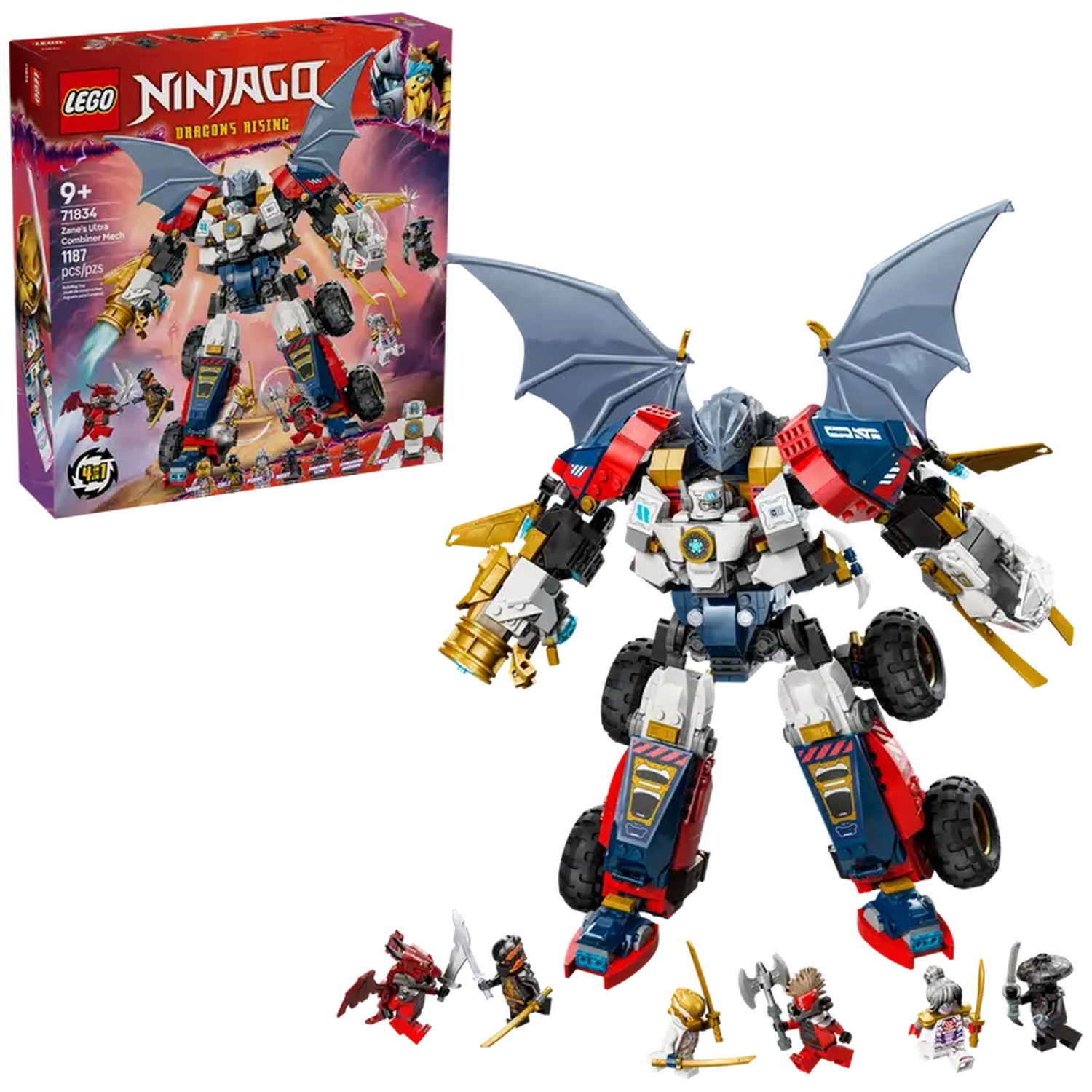 Een Lego Ninjago set, Zane's Ultra Combiner Mech, met een grote robot en meerdere minifiguren. De doos is zichtbaar.