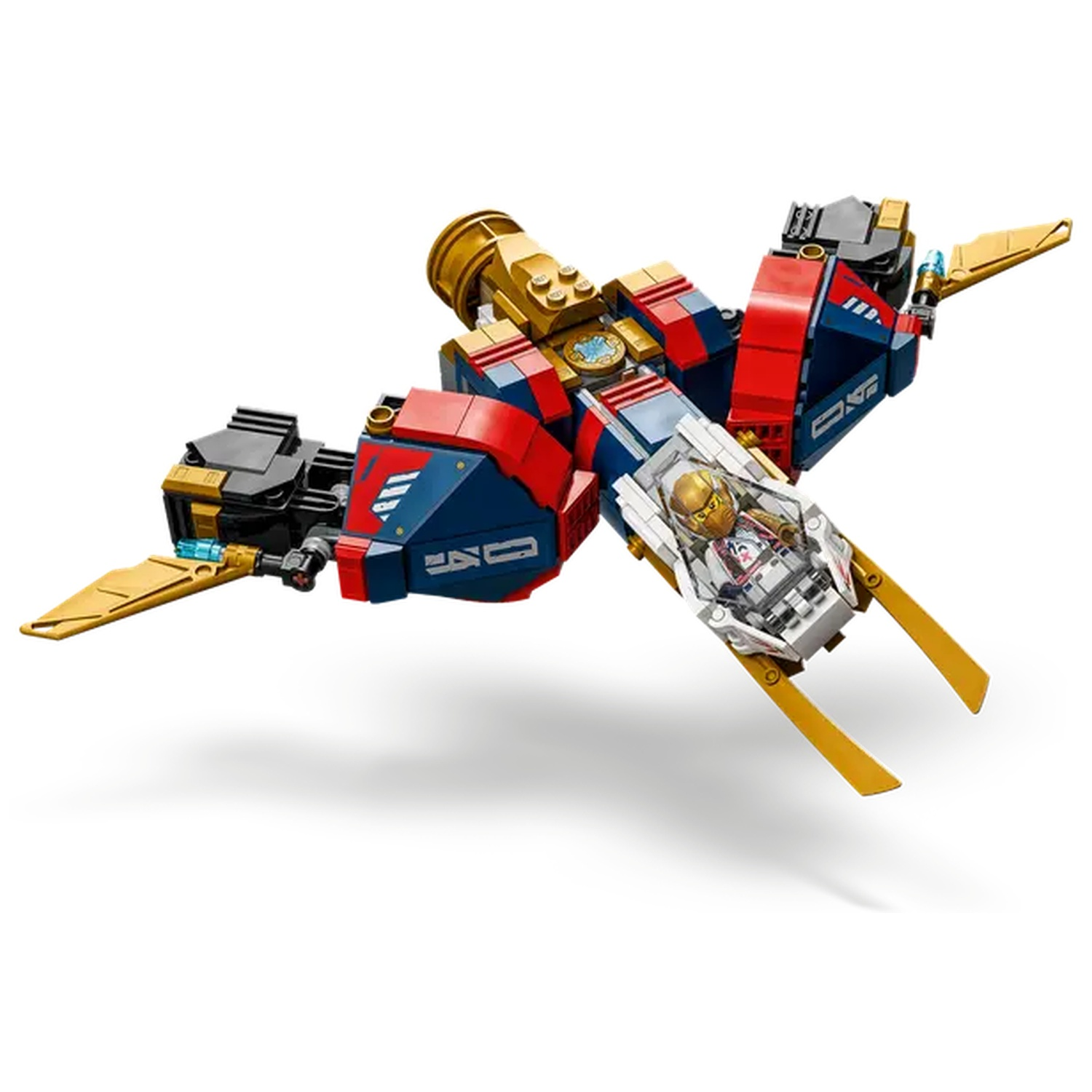 Een Lego ruimteschip met gouden, rode en blauwe componenten. Er zit een figuur in de cockpit. De vleugels zijn goud. De achtergrond is wit.