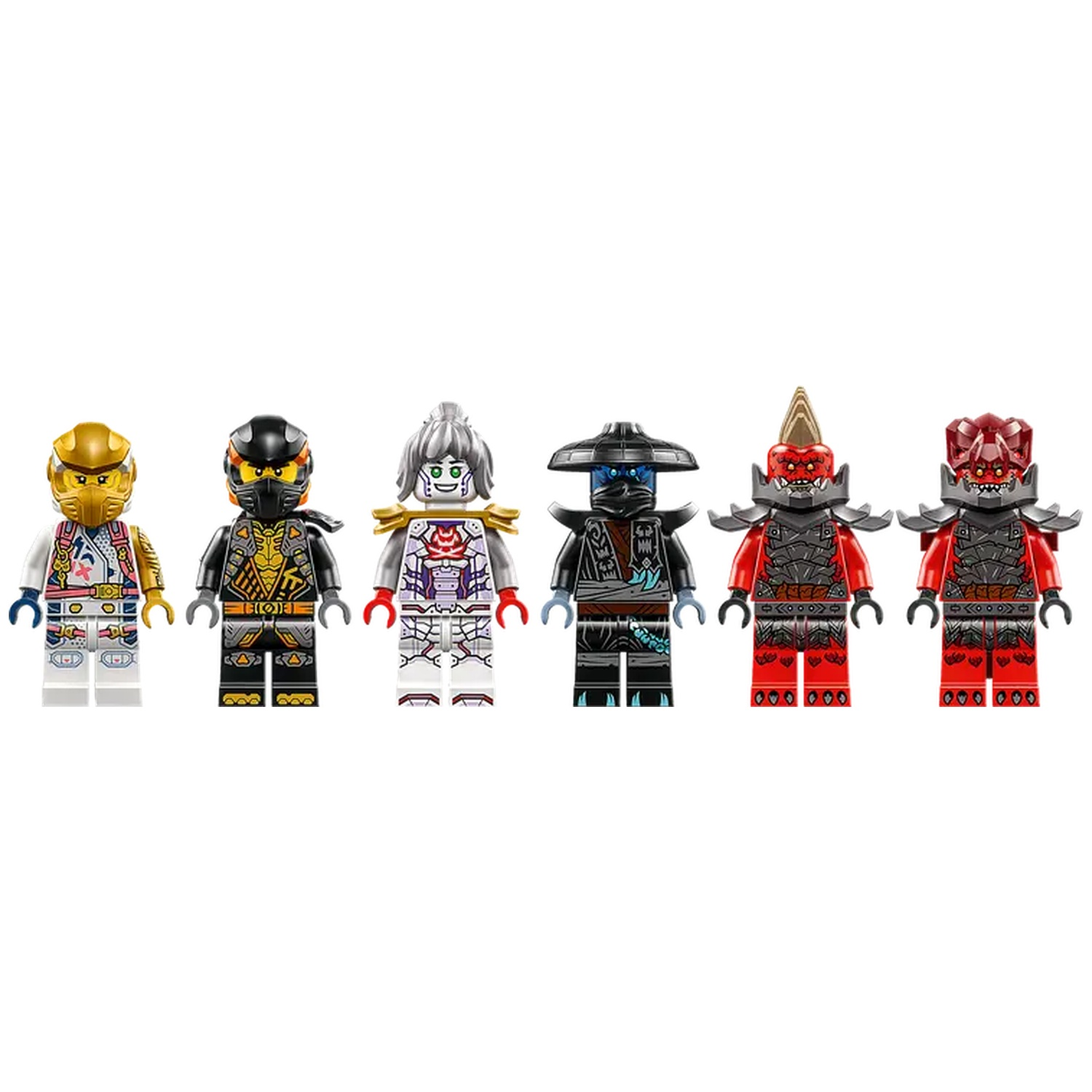 Zes Lego Ninjago-figuren staan in een rij. Ze hebben verschillende harnasontwerpen en helmen. De achtergrond is wit.