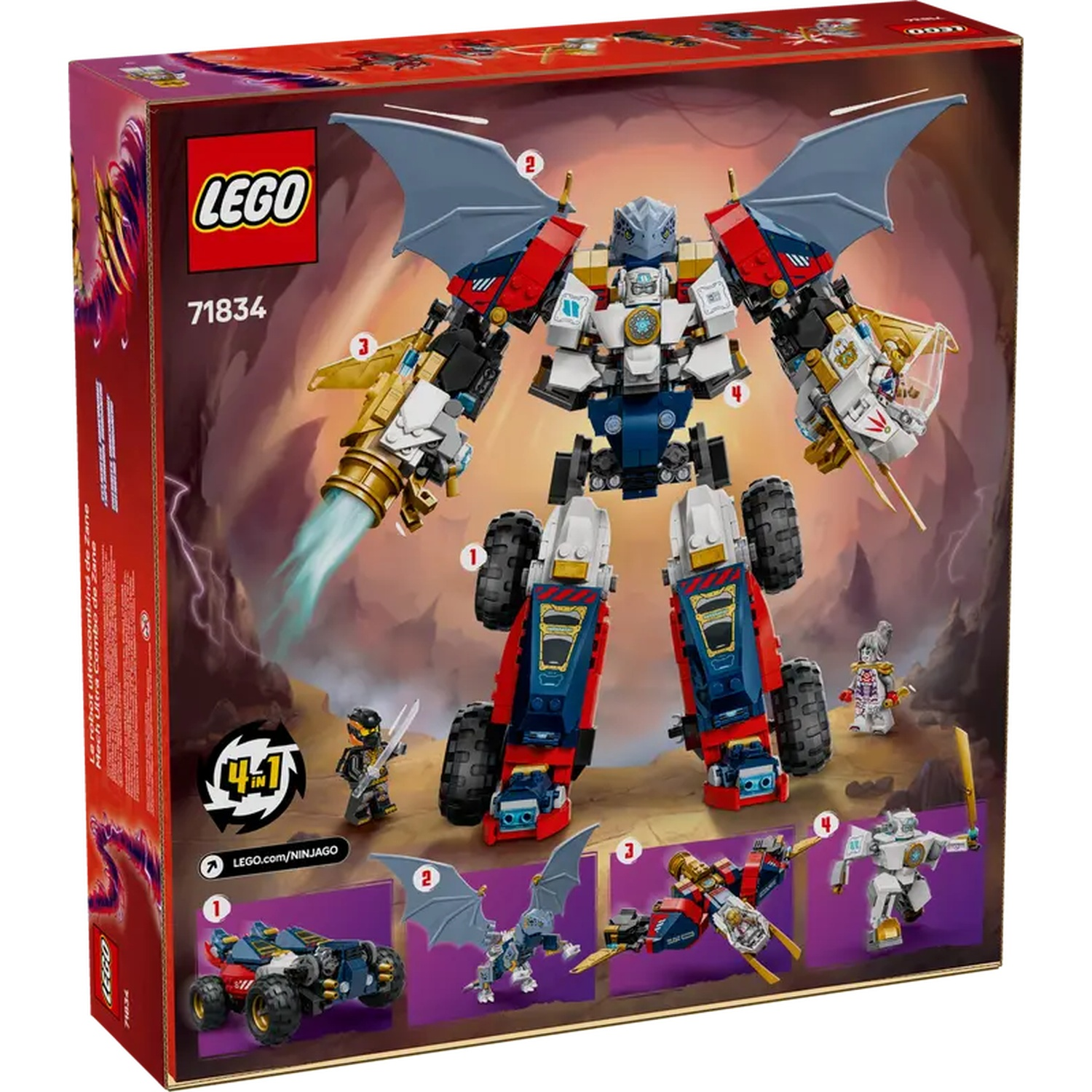 De LEGO Ninjago-doos toont een mech met vleugels, vier kleinere bouwwerken en figuren. De achtergrond toont een stormachtige scène.