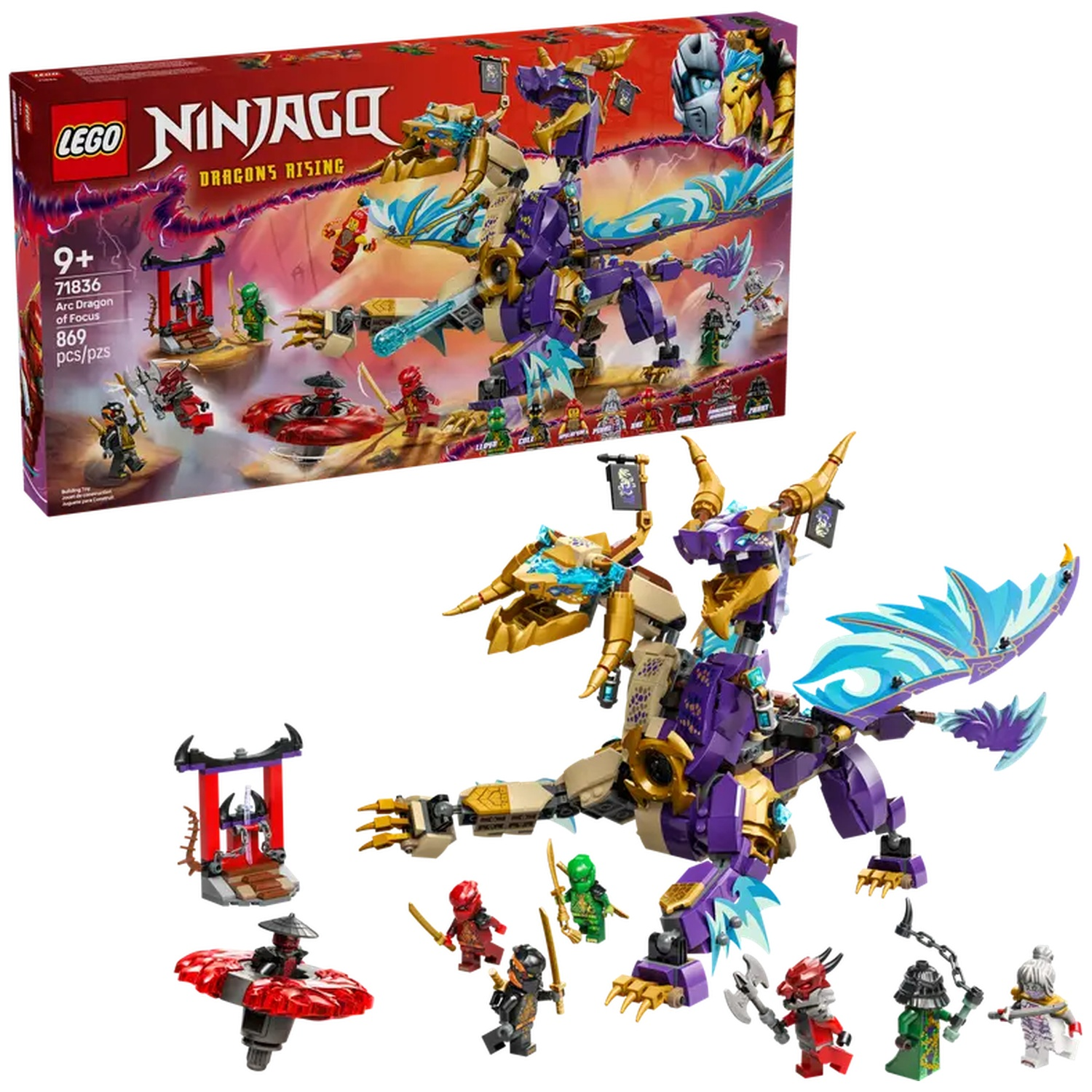 Lego Ninjago set featuring a purple and gold dragon, mini-figures, and a box showing a similar scene, 9+ age.