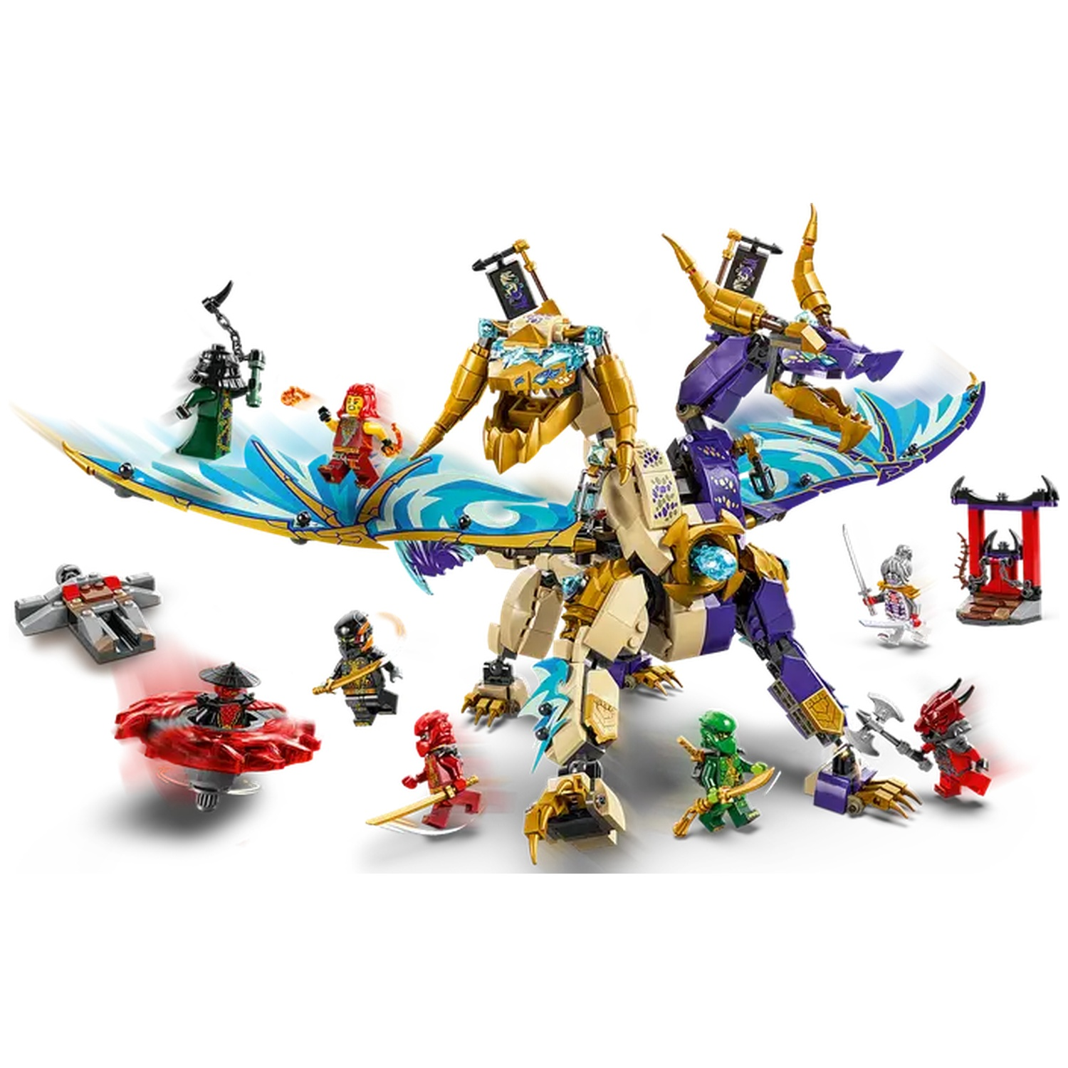 A Lego set featuring a large dragon and several minifigures engaged in a battle scene. The dragon is the central focus.
