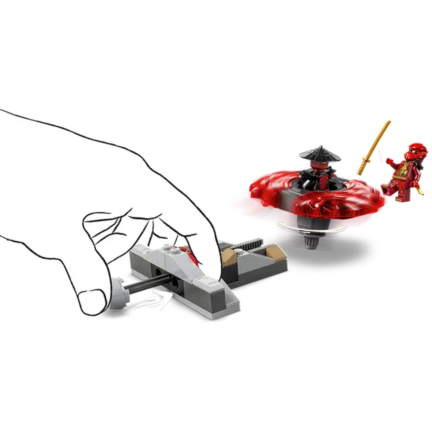 A hand interacts with a Lego set. A spinning top with a figure inside spins, another figure holds a sword.