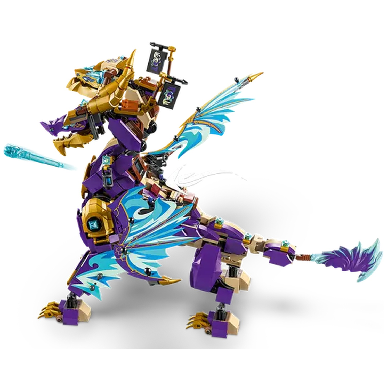 A purple and gold Lego dragon, with blue wings and a light-blue projectile. It stands on a white background.