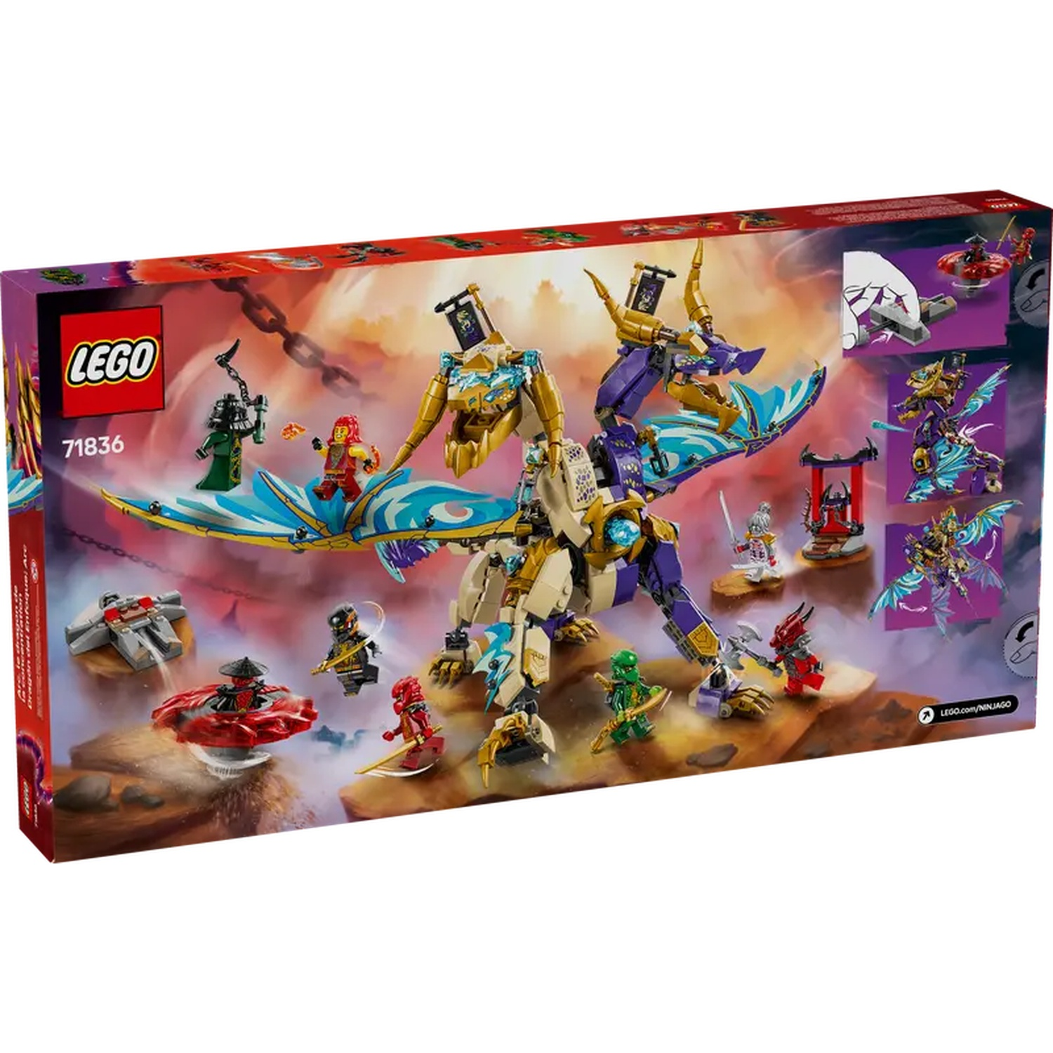 Lego Ninjago box art with a dragon and minifigures. The box is red and features a dragon, several ninjas, and the Lego logo.