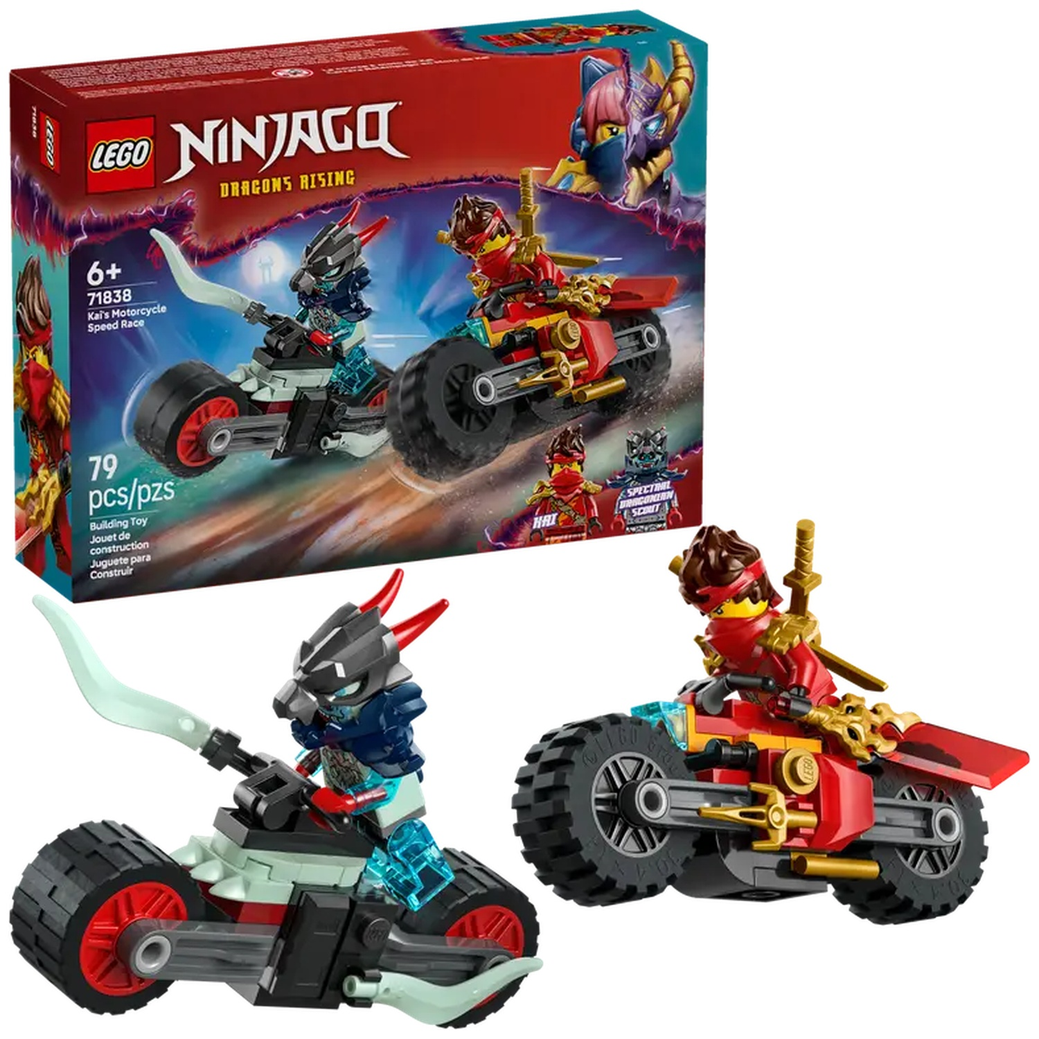 LEGO Ninjago set featuring two motorcycle toys and a box. The set includes two minifigures, Kai and another figure, on their bikes.