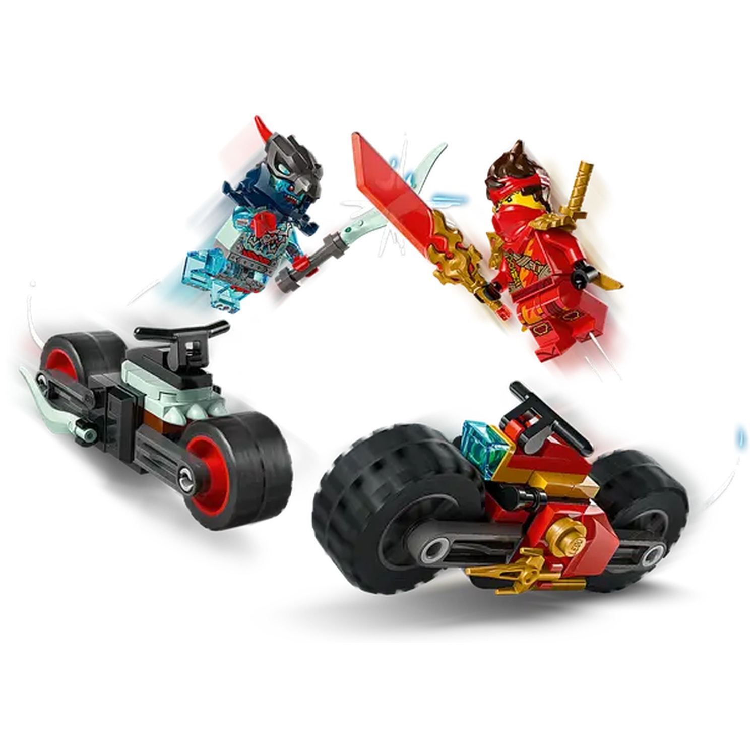 Lego Ninjago scene with two figures wielding weapons, riding motorcycles. One figure is red, the other blue, on a white background.