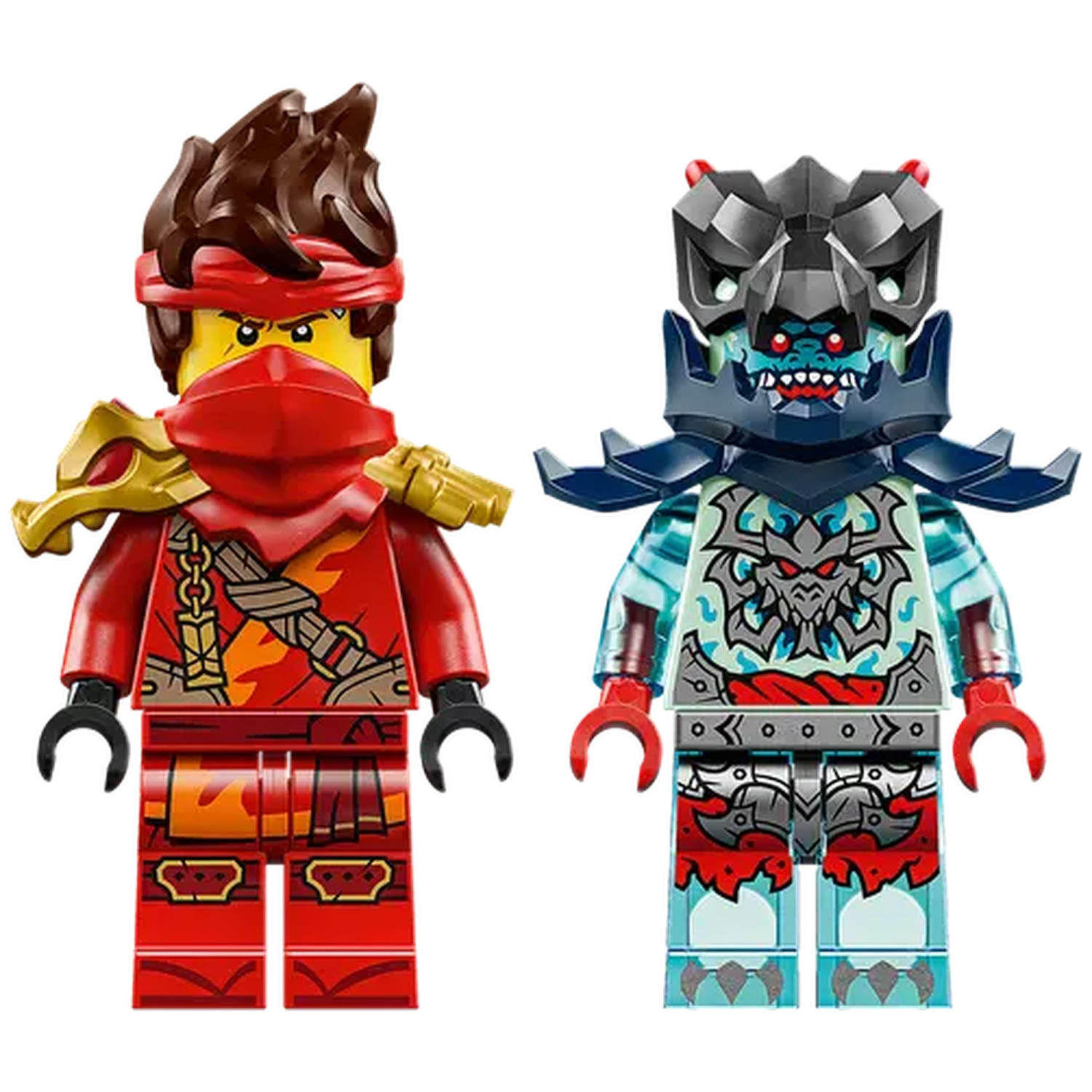 Two Lego Ninjago minifigures. One red ninja with gold armor. The other a blue ice warrior with a dark helmet.