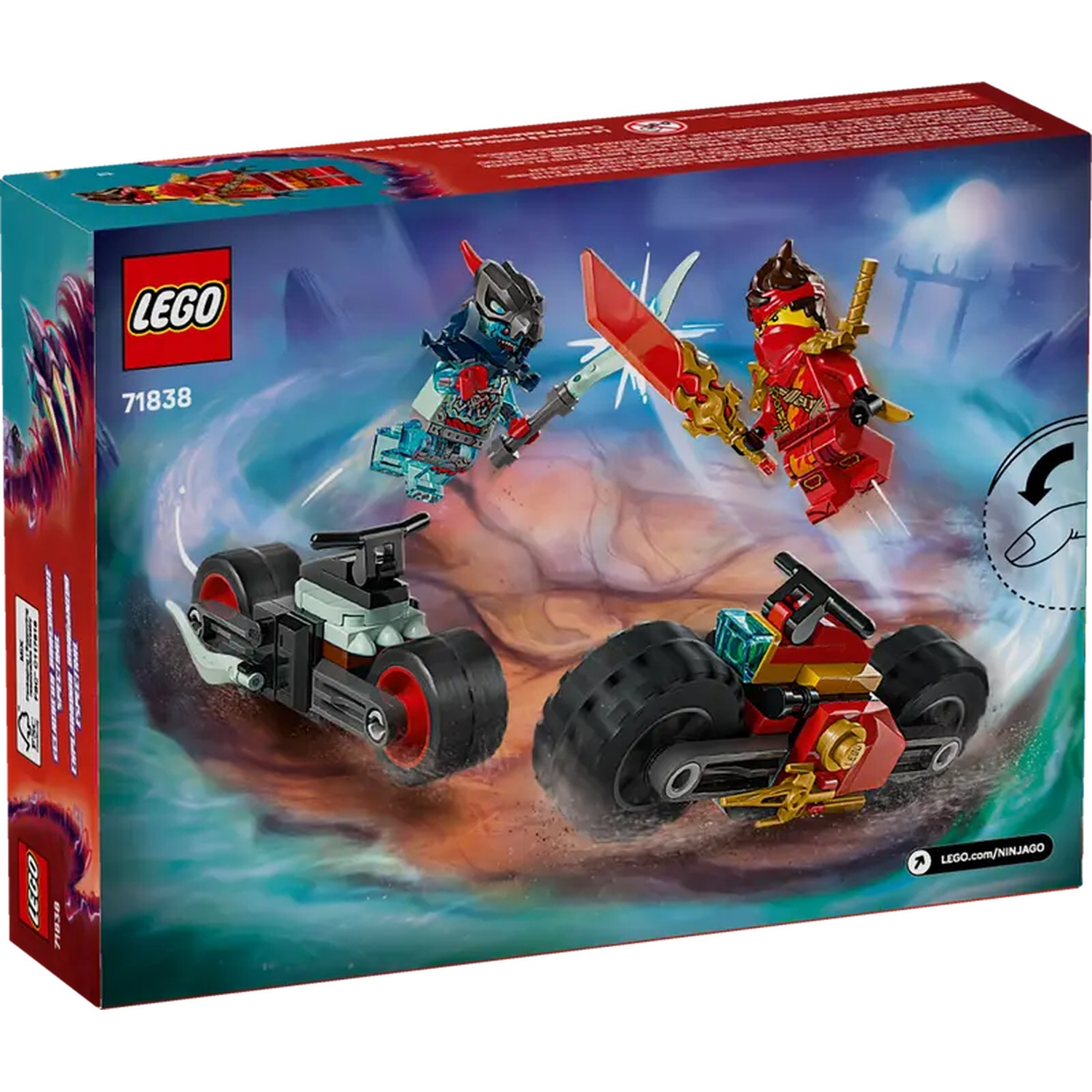 Lego Ninjago box art with two Lego figures on motorcycles, one red, one blue, battling with swords over a swirling background.