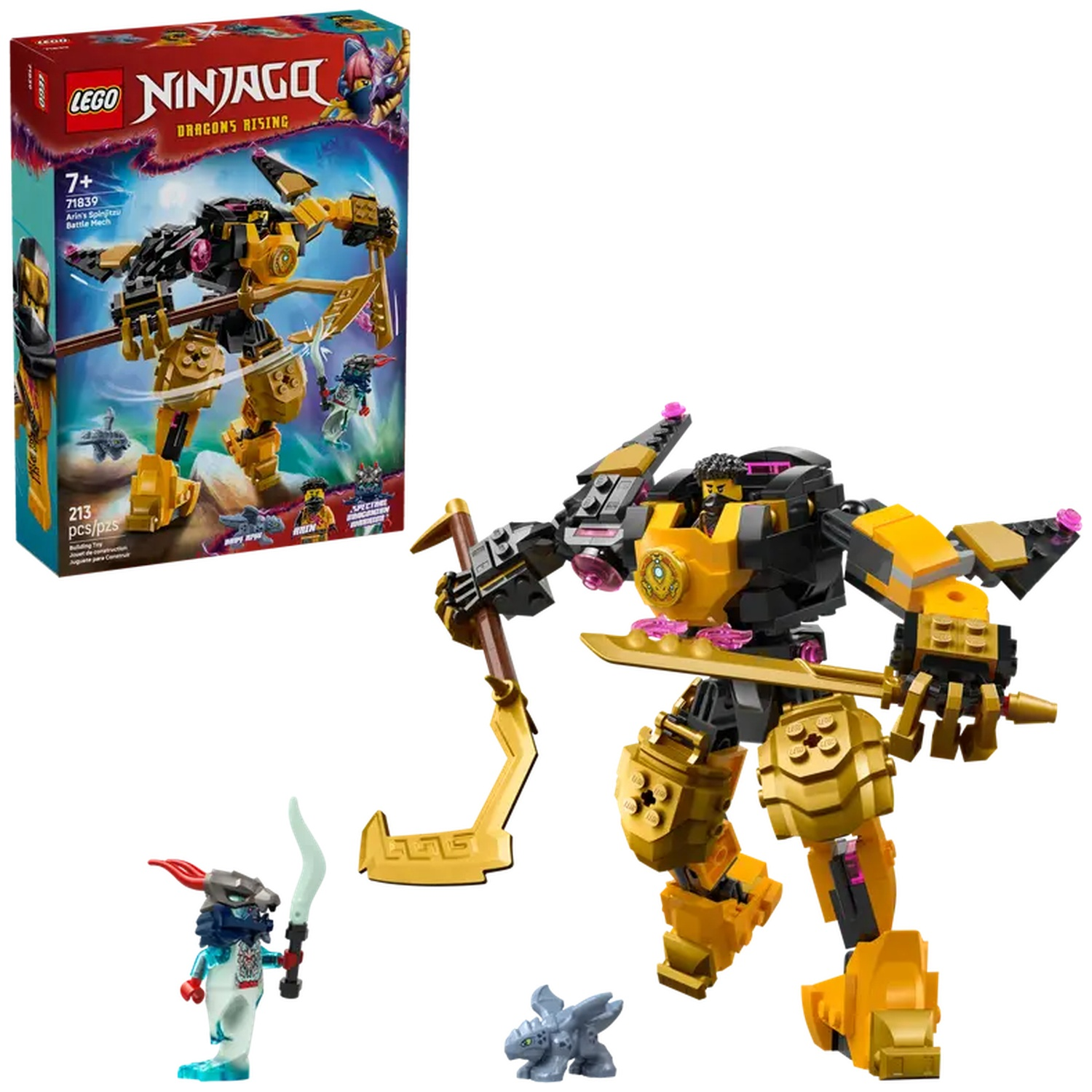 A Lego Ninjago set with a yellow and black mech, a minifigure, and a dragon. The box is visible.