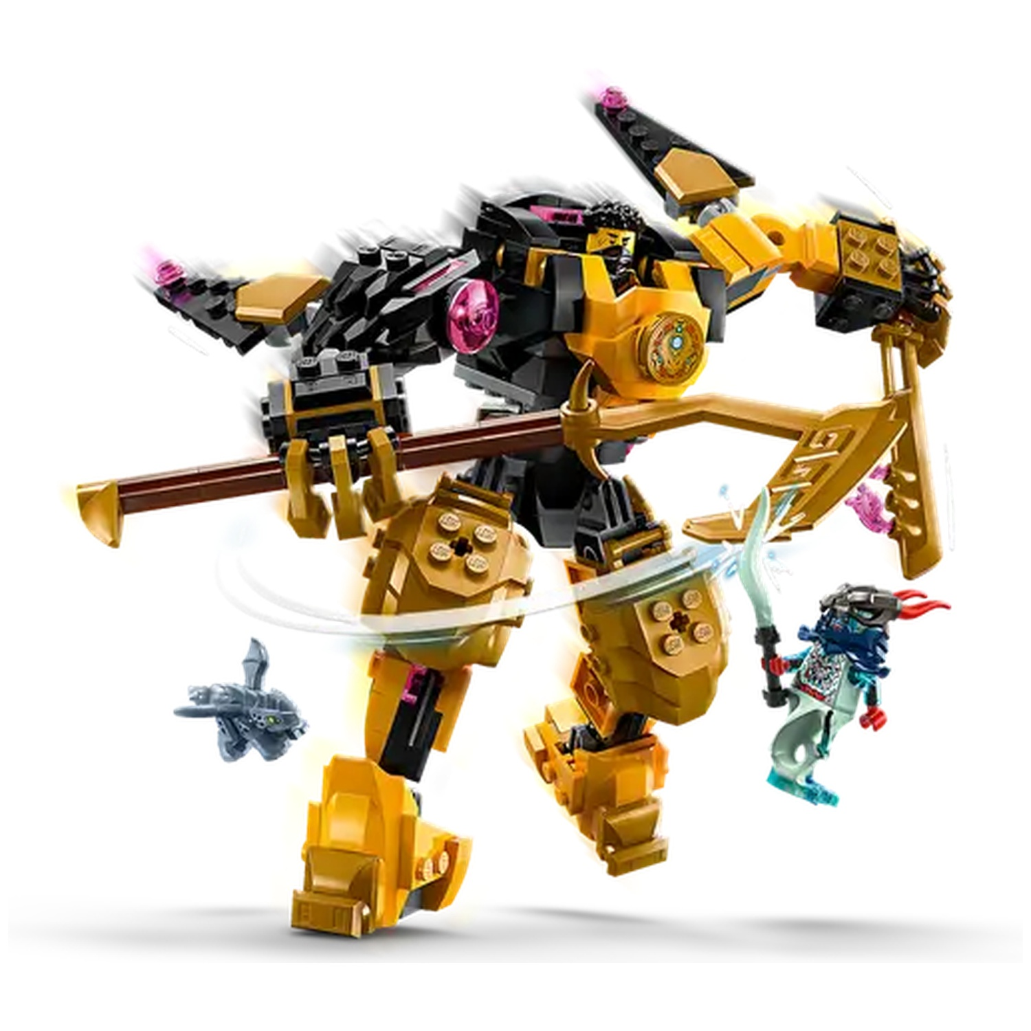A Lego mech in gold, black, and pink with a brown staff and a small blue figure. A grey vehicle and a green figure with a sword.