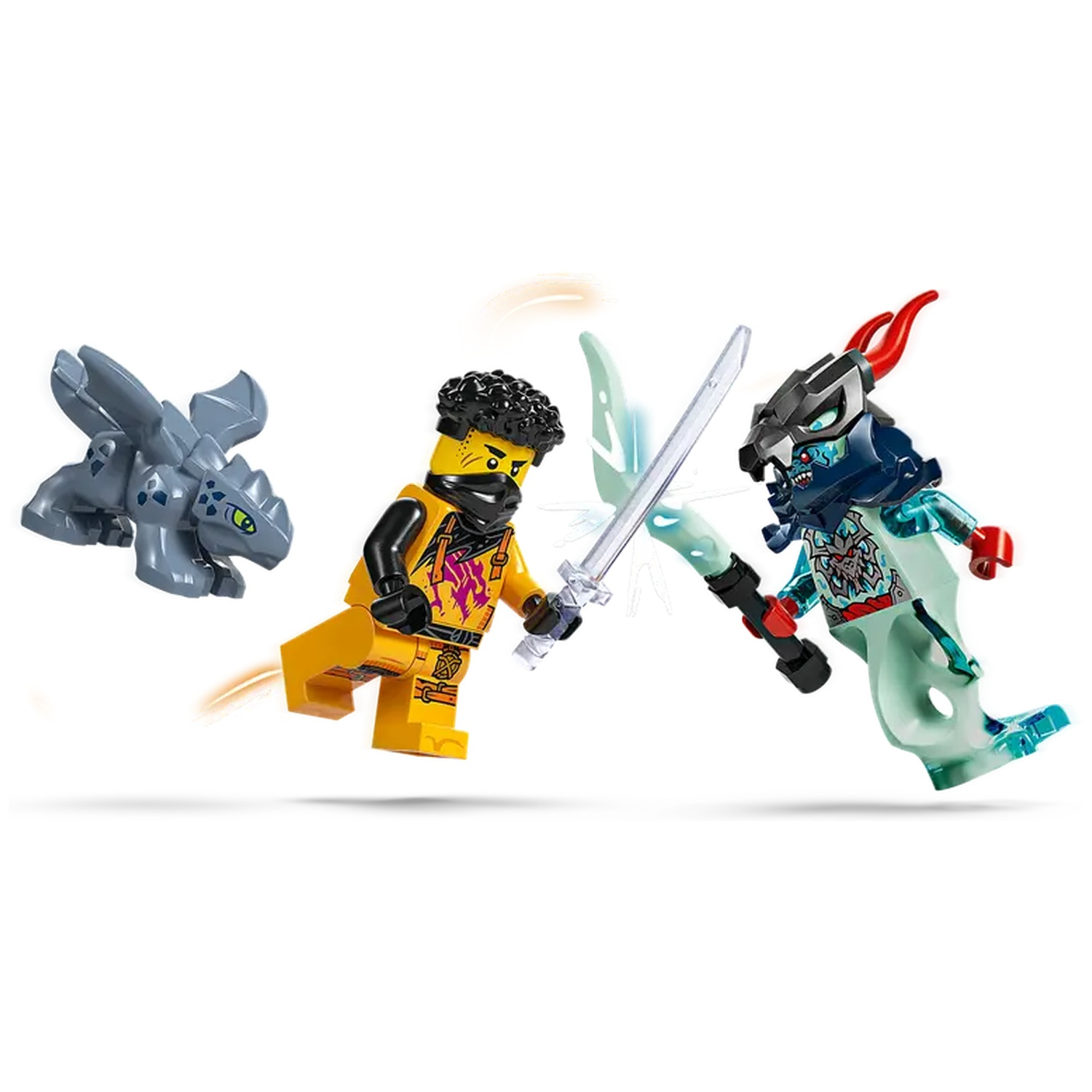 Lego Ninjago scene with two minifigures fighting with swords, a small dragon on the left. The characters are in action.