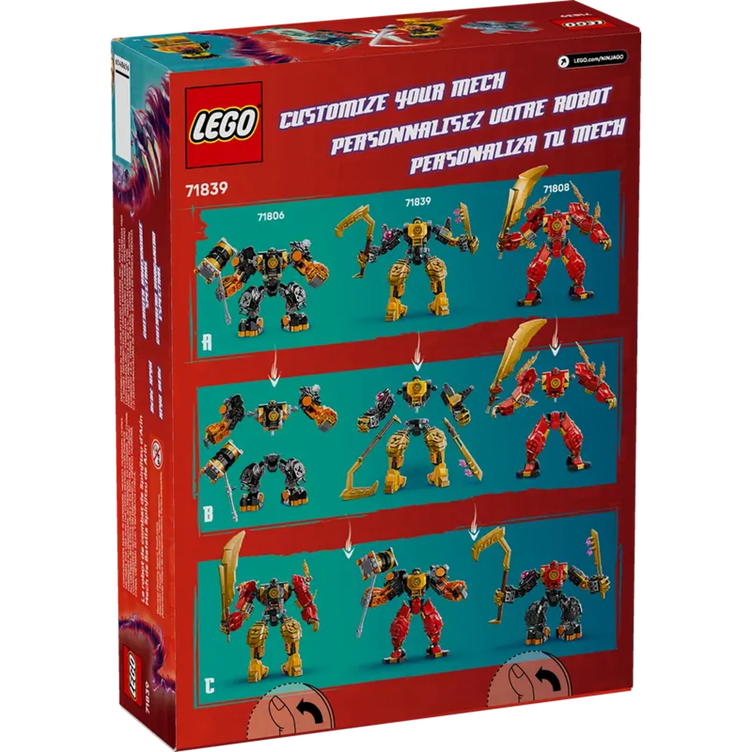 Lego box shows customizable mechs. It has red, black, and gold mechs. Text reads: Customize your mech, Lego, and product numbers.